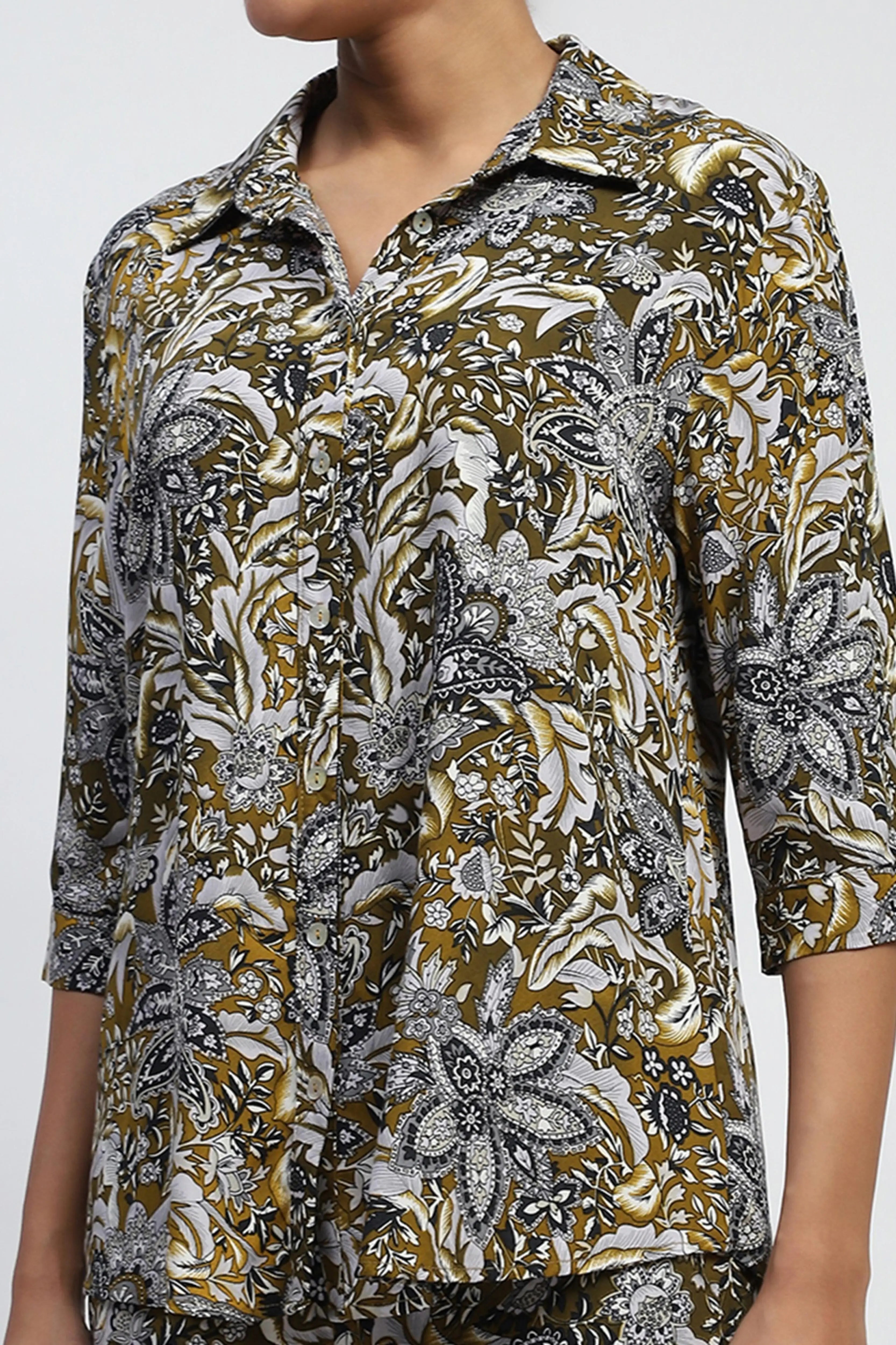 Olive Floral Print Rayon Loose Fit Shirt - Global Republic