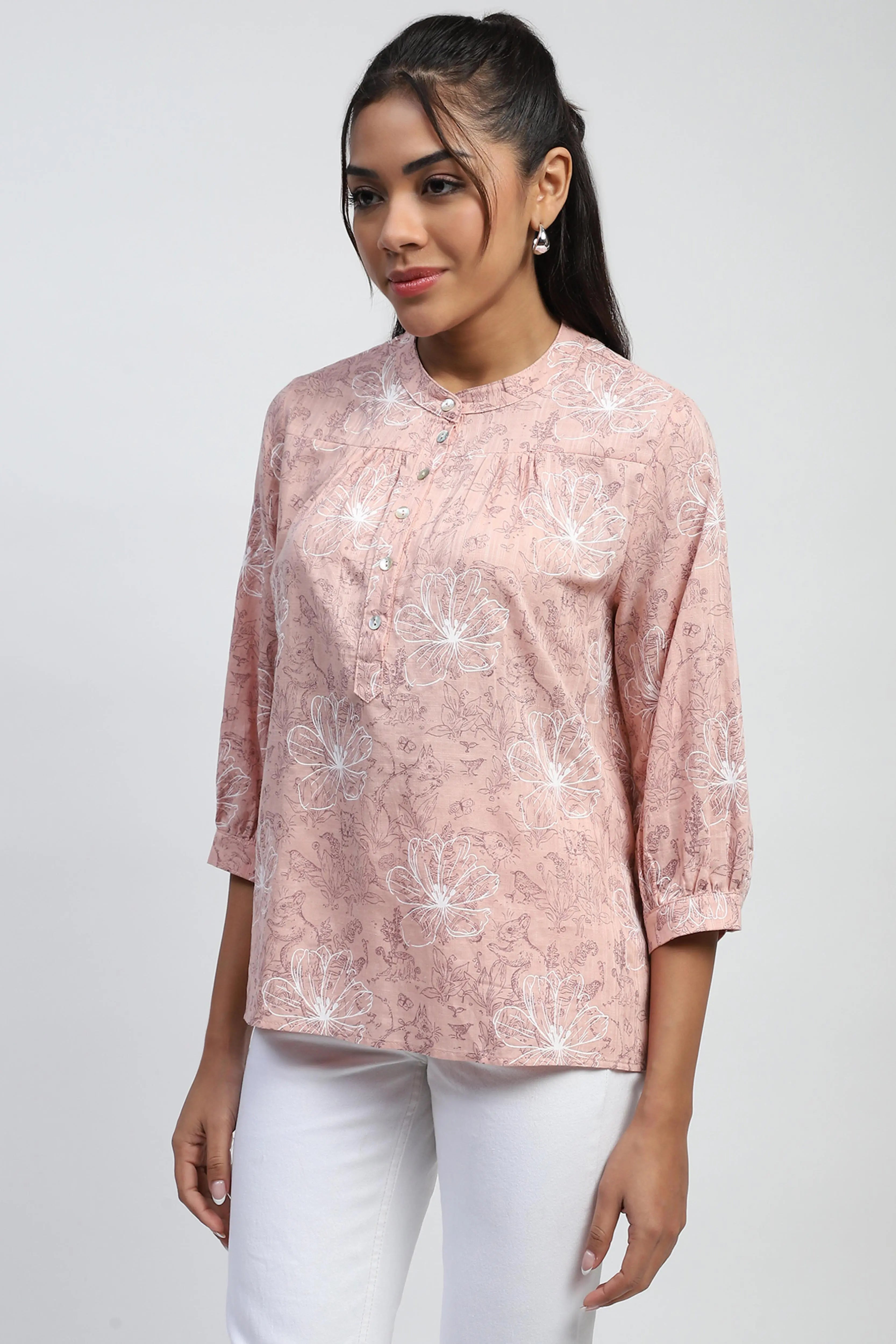 Pink Printed Cotton Blend Top - Global Republic