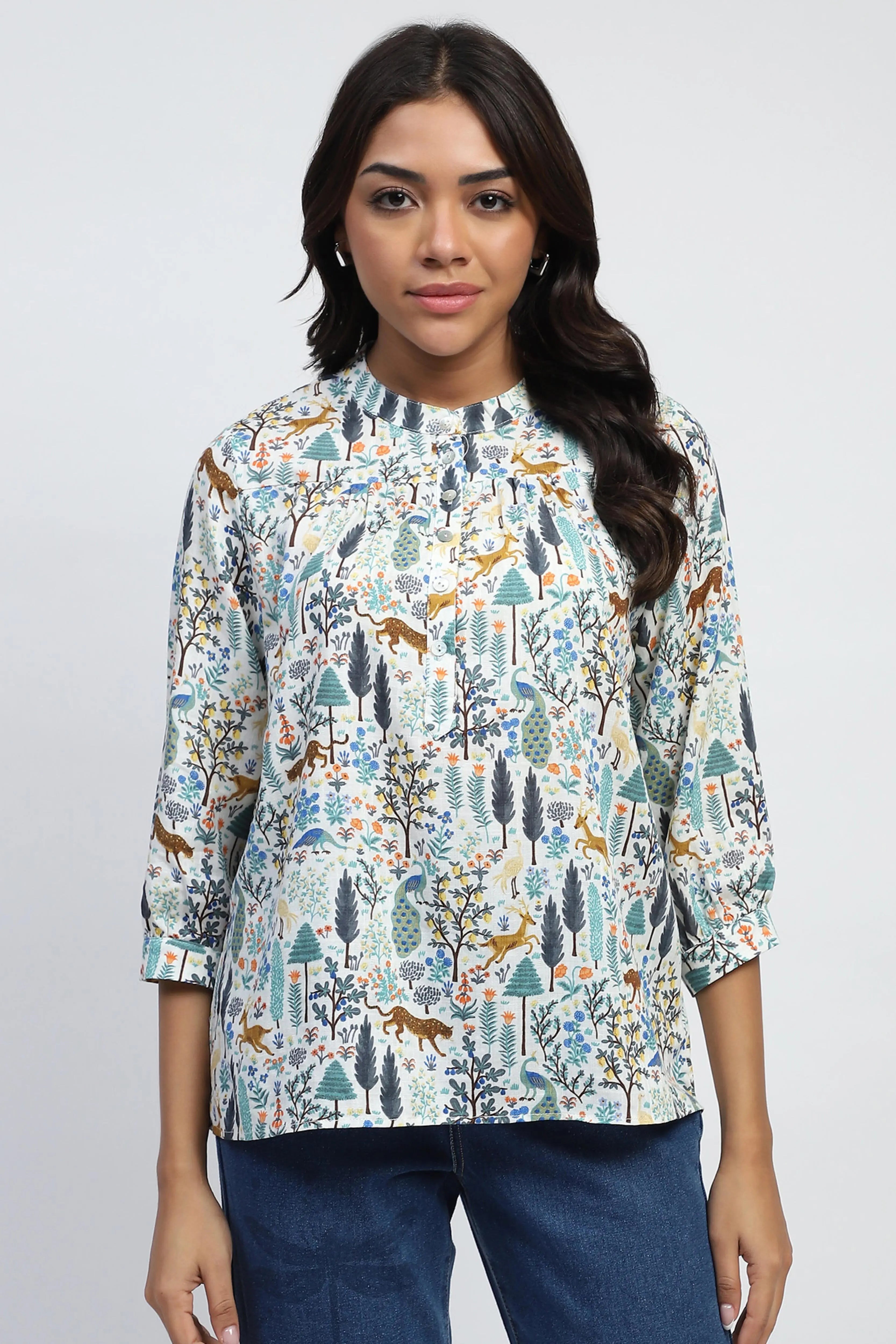 White Printed Cotton Blend Top - Global Republic