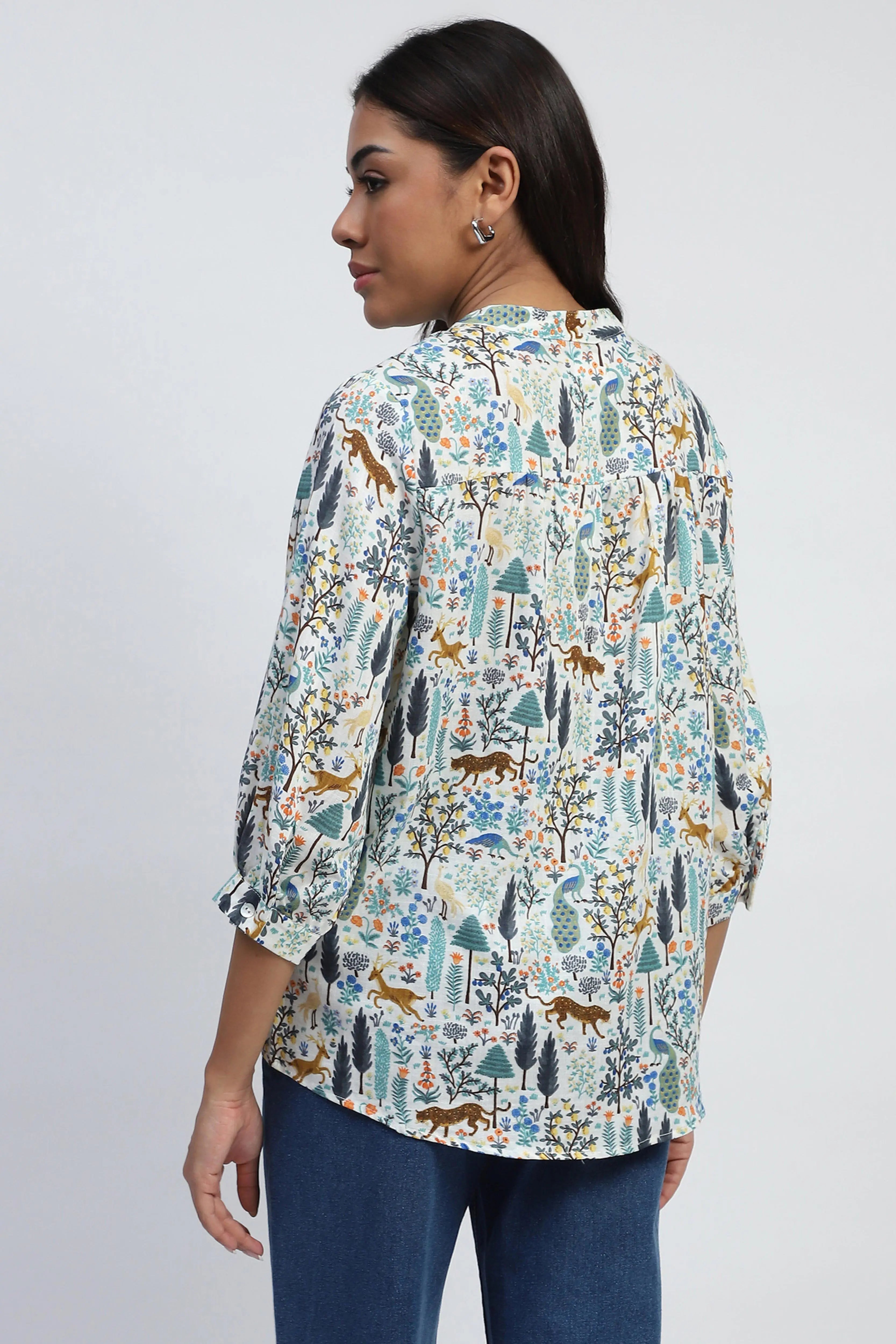White Printed Cotton Blend Top - Global Republic