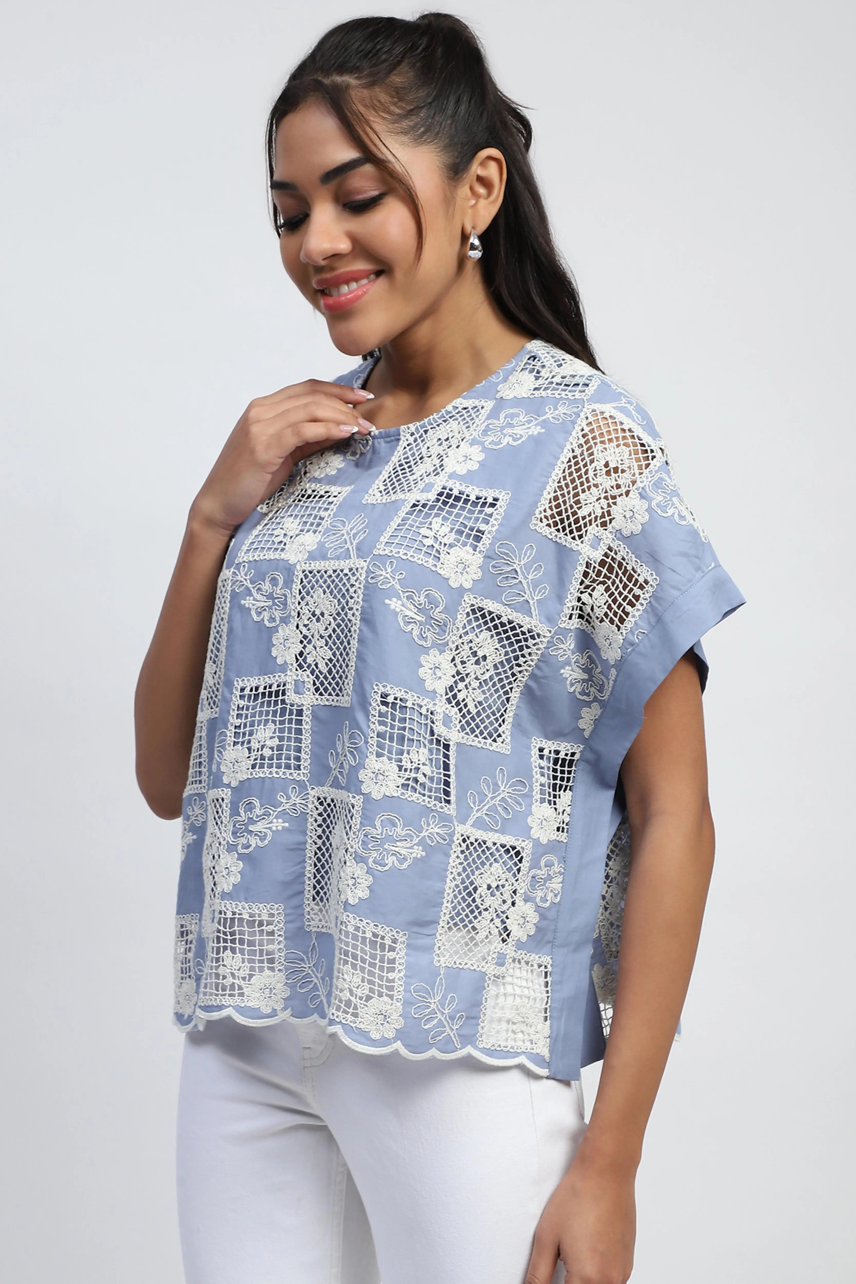 Blue Embroidered Cotton Boxy Blouse - Global Republic