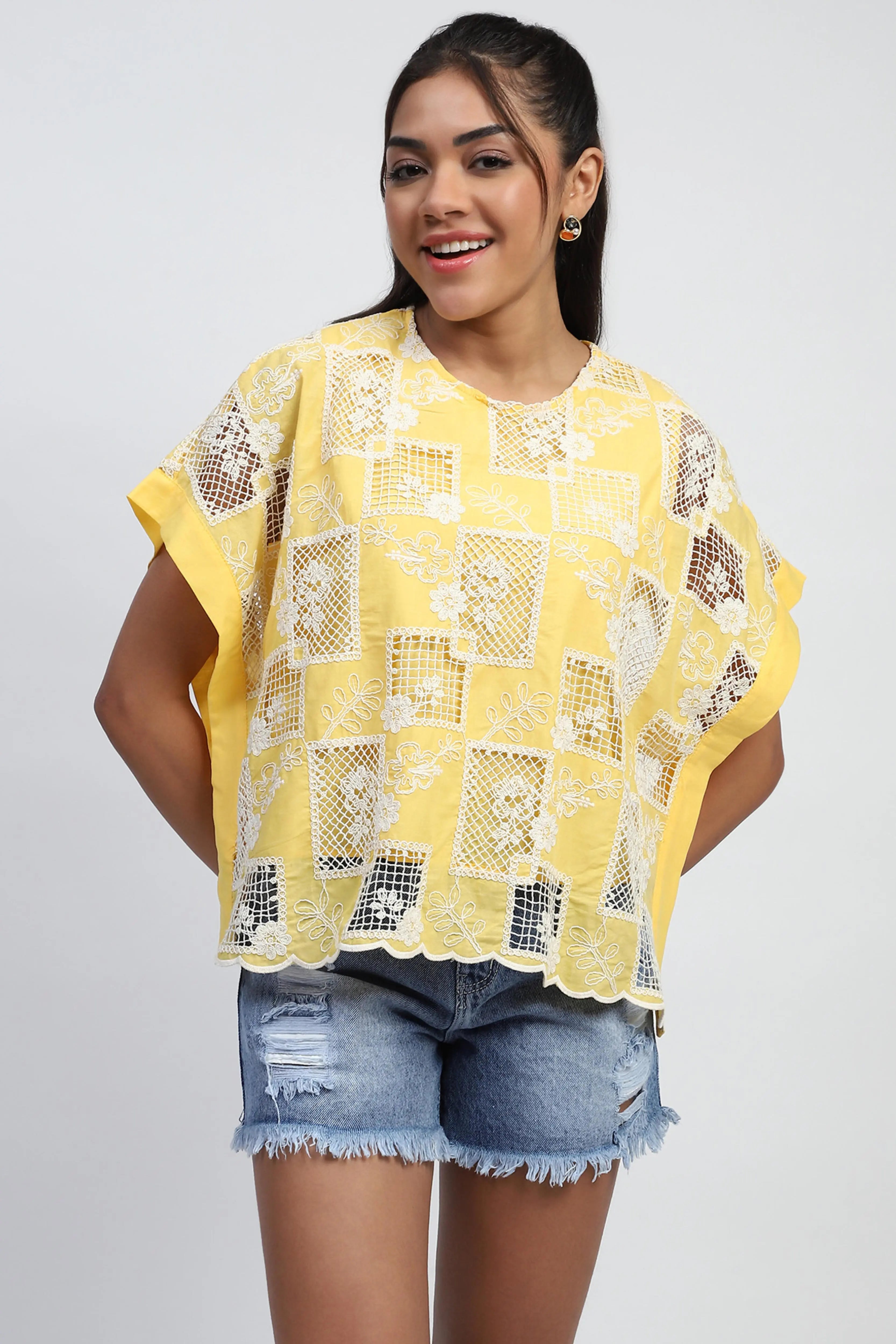 Yellow Embroidered Cotton Boxy Blouse - Global Republic
