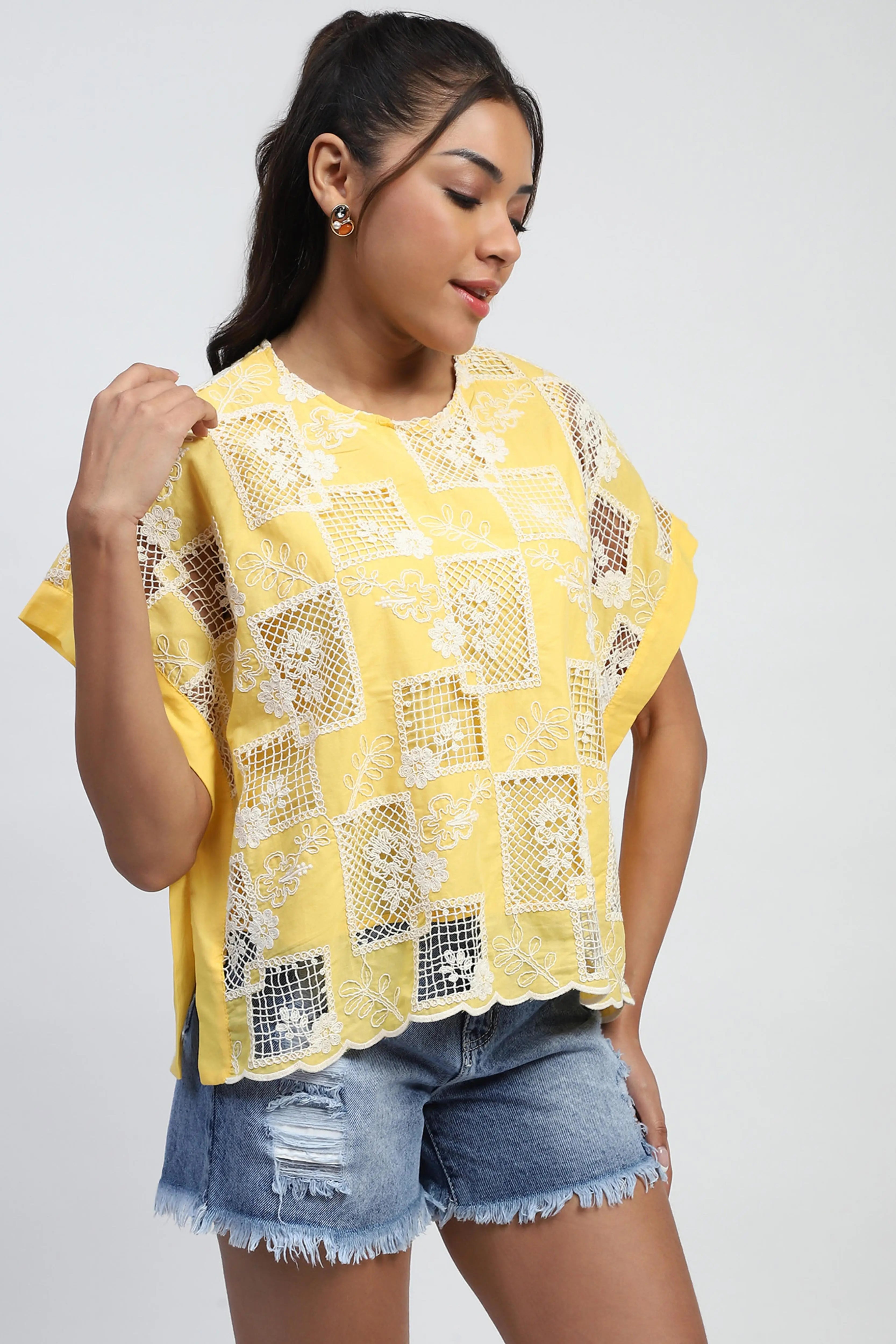 Yellow Embroidered Cotton Boxy Blouse - Global Republic