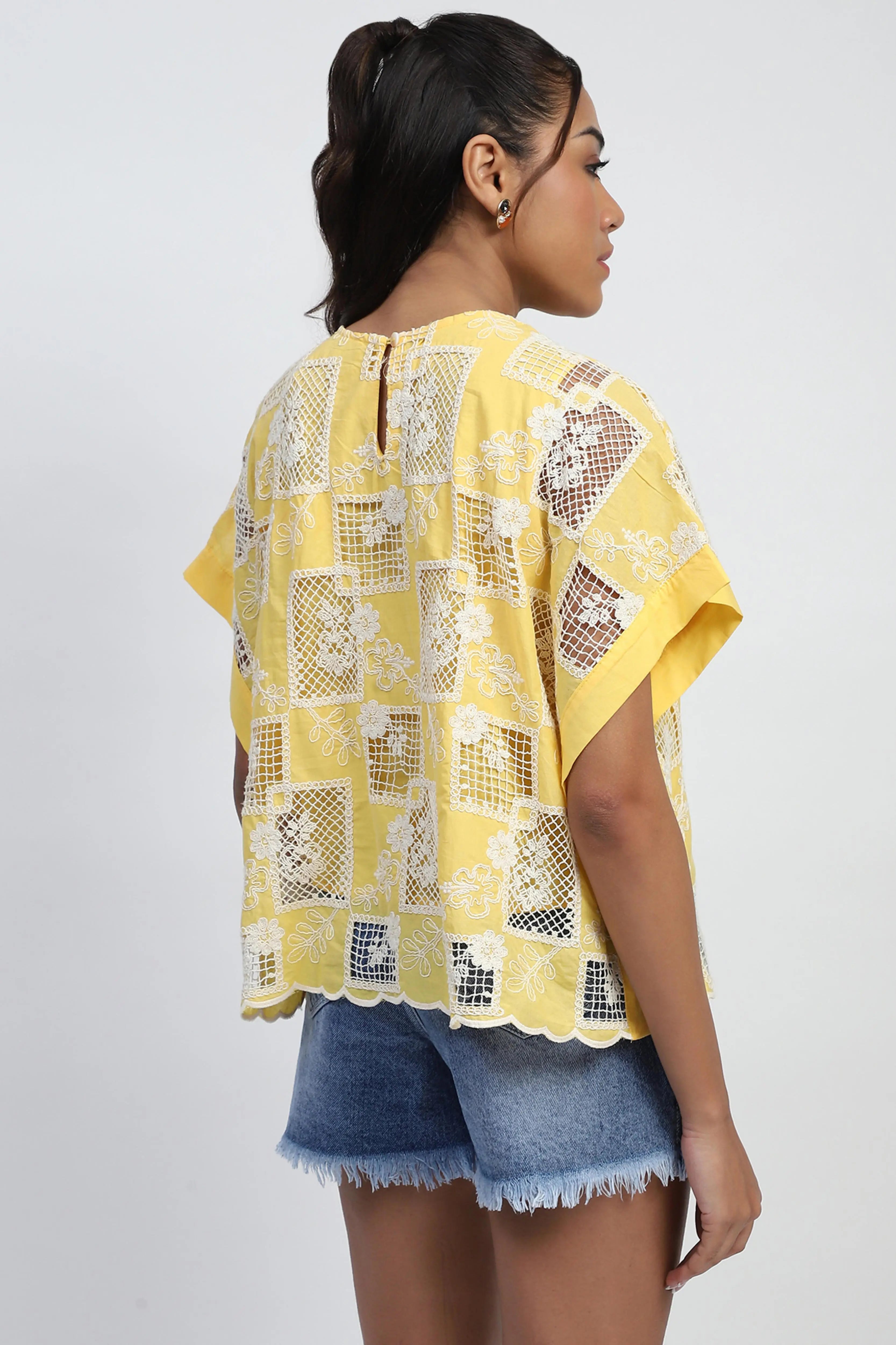 Yellow Embroidered Cotton Boxy Blouse - Global Republic