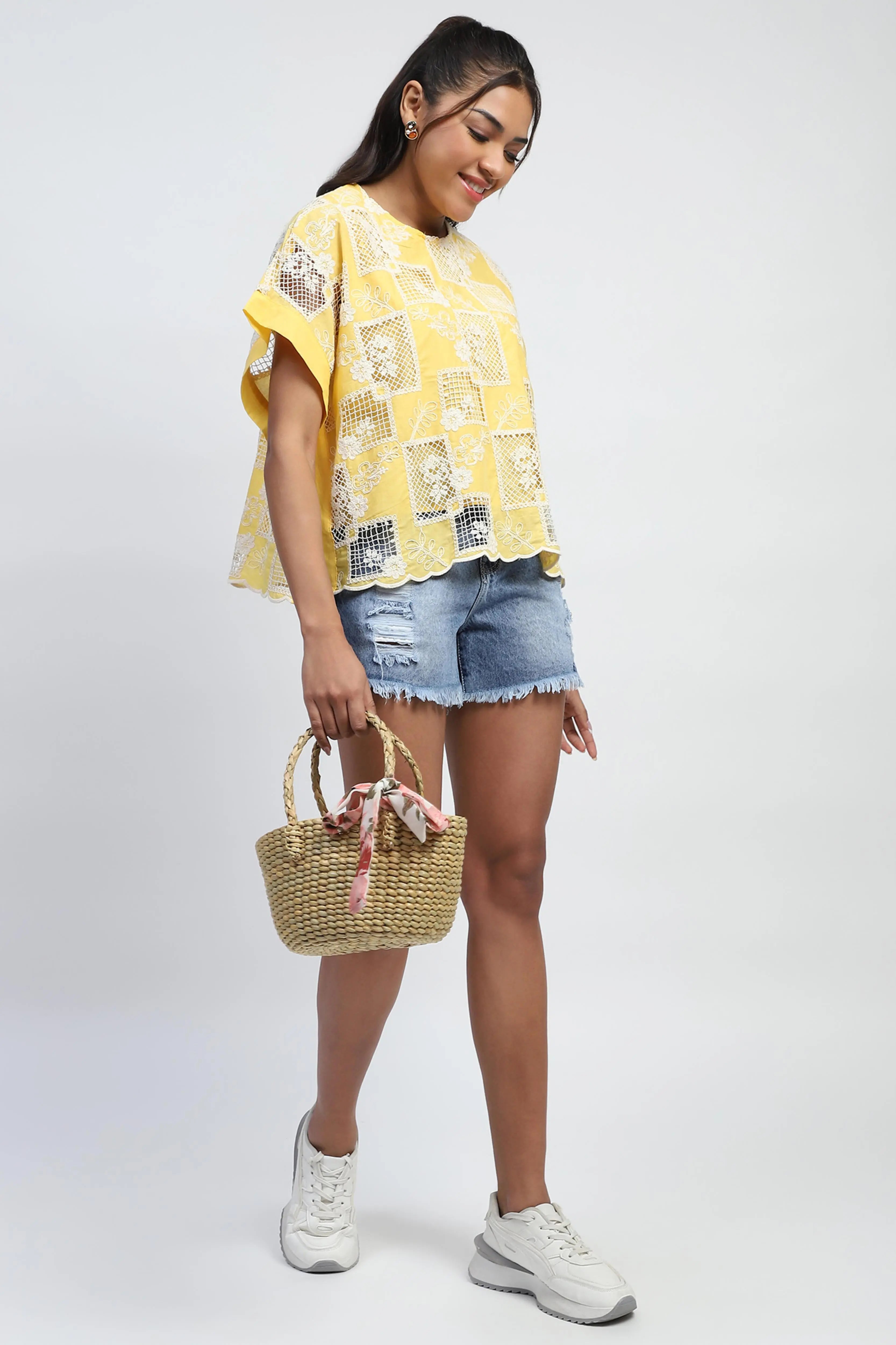 Yellow Embroidered Cotton Boxy Blouse - Global Republic