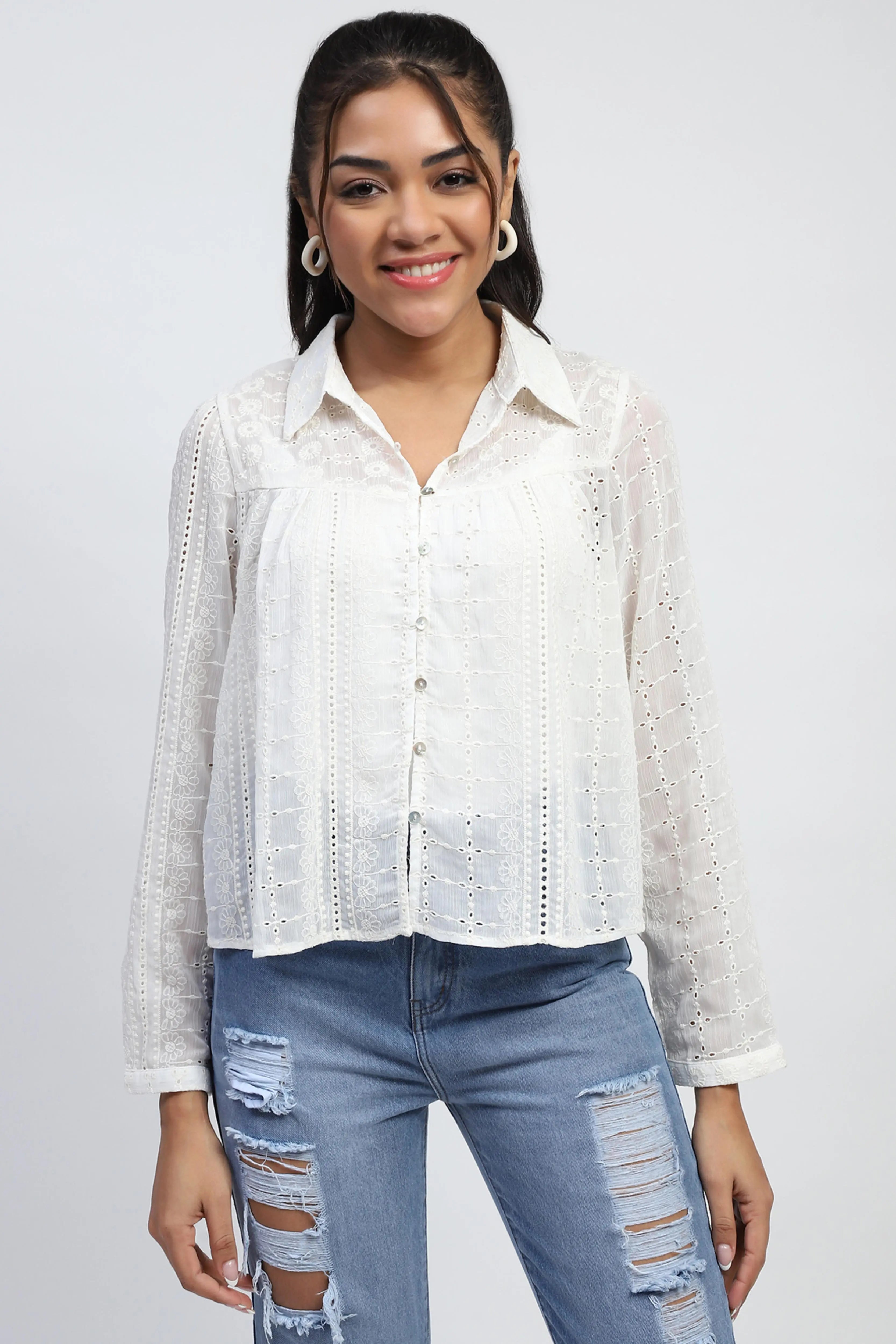 Cream Schiffli Embroidered Chiffon Top - Global Republic