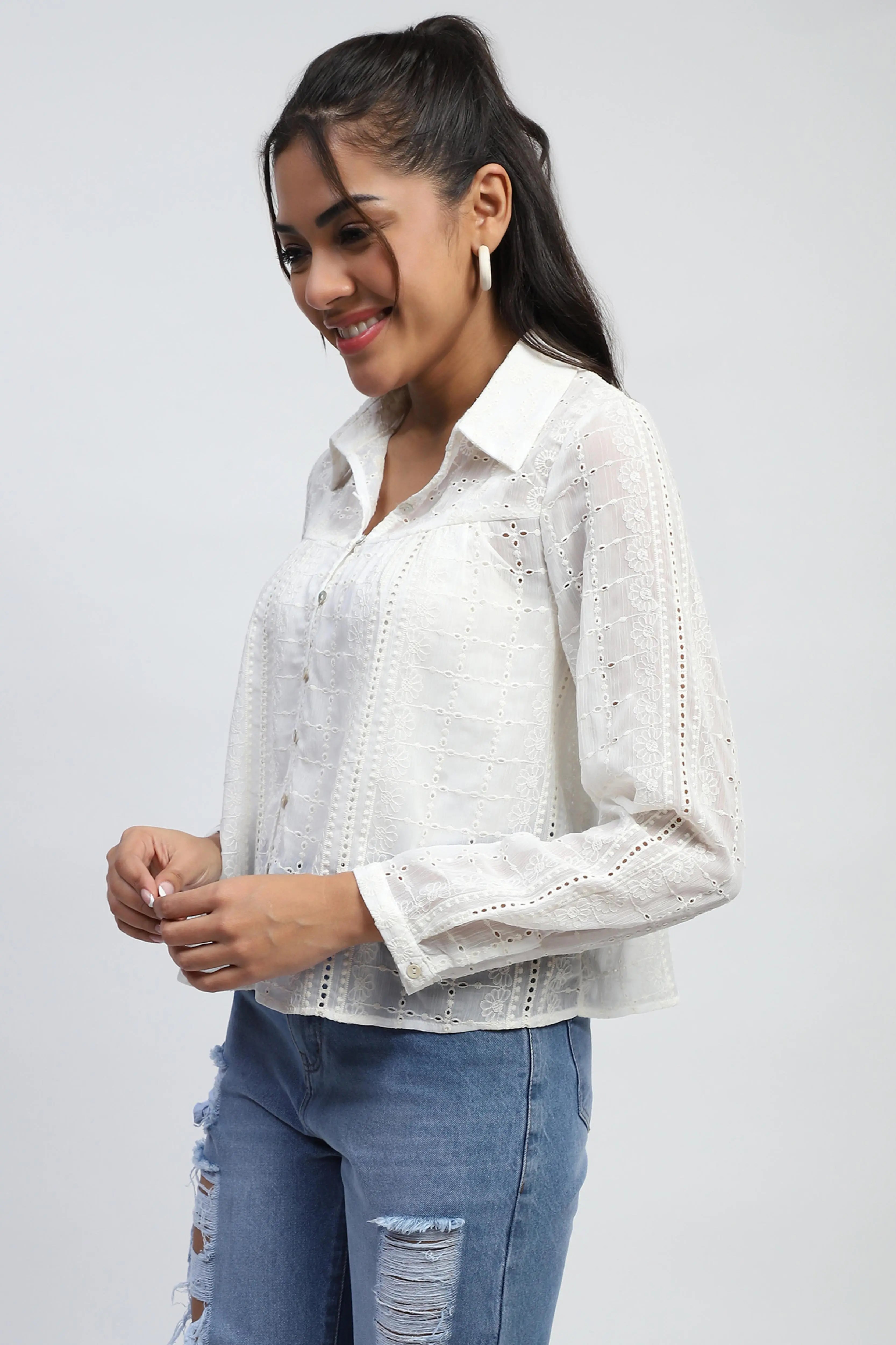 Cream Schiffli Embroidered Chiffon Top - Global Republic