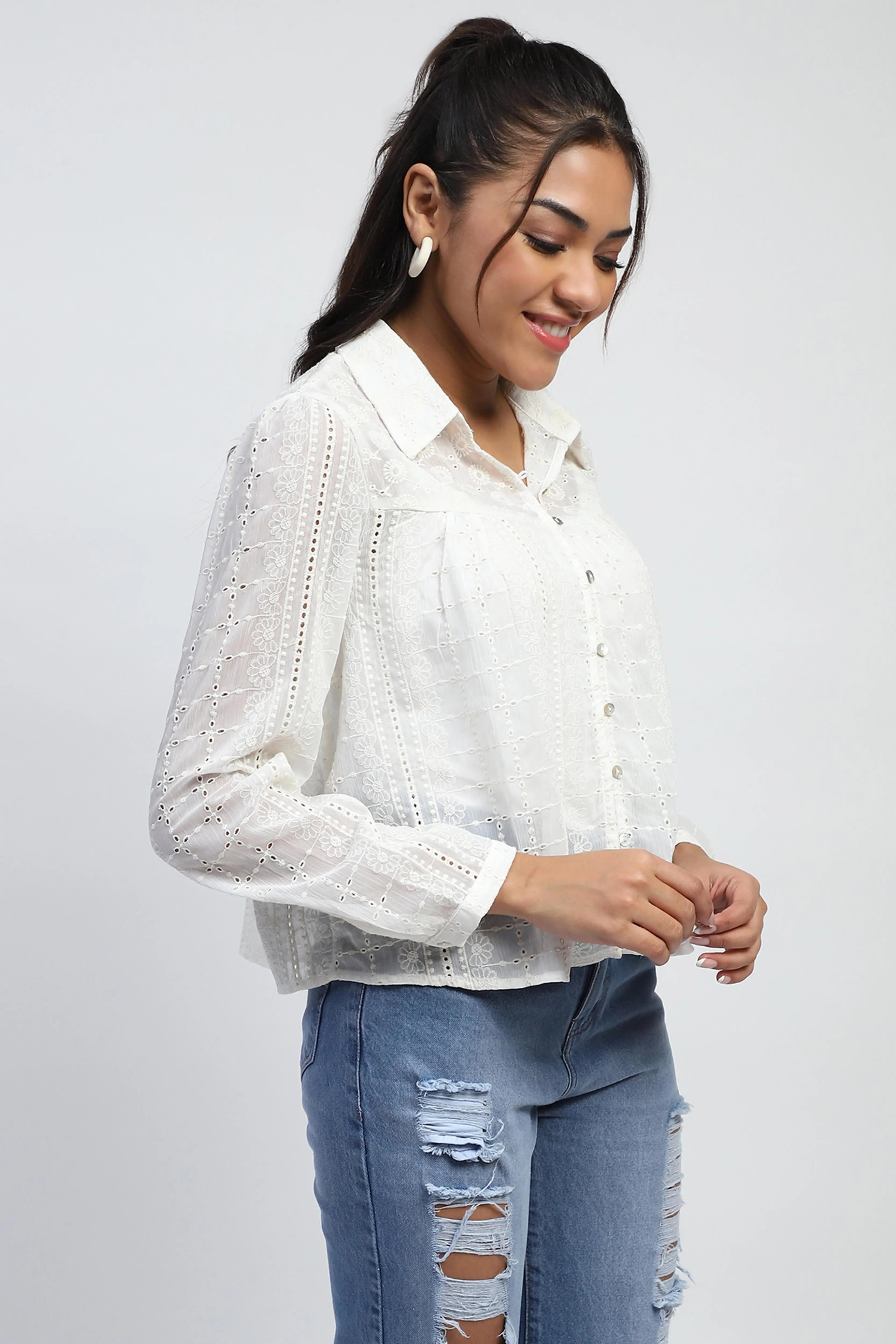 Cream Schiffli Embroidered Chiffon Top - Global Republic