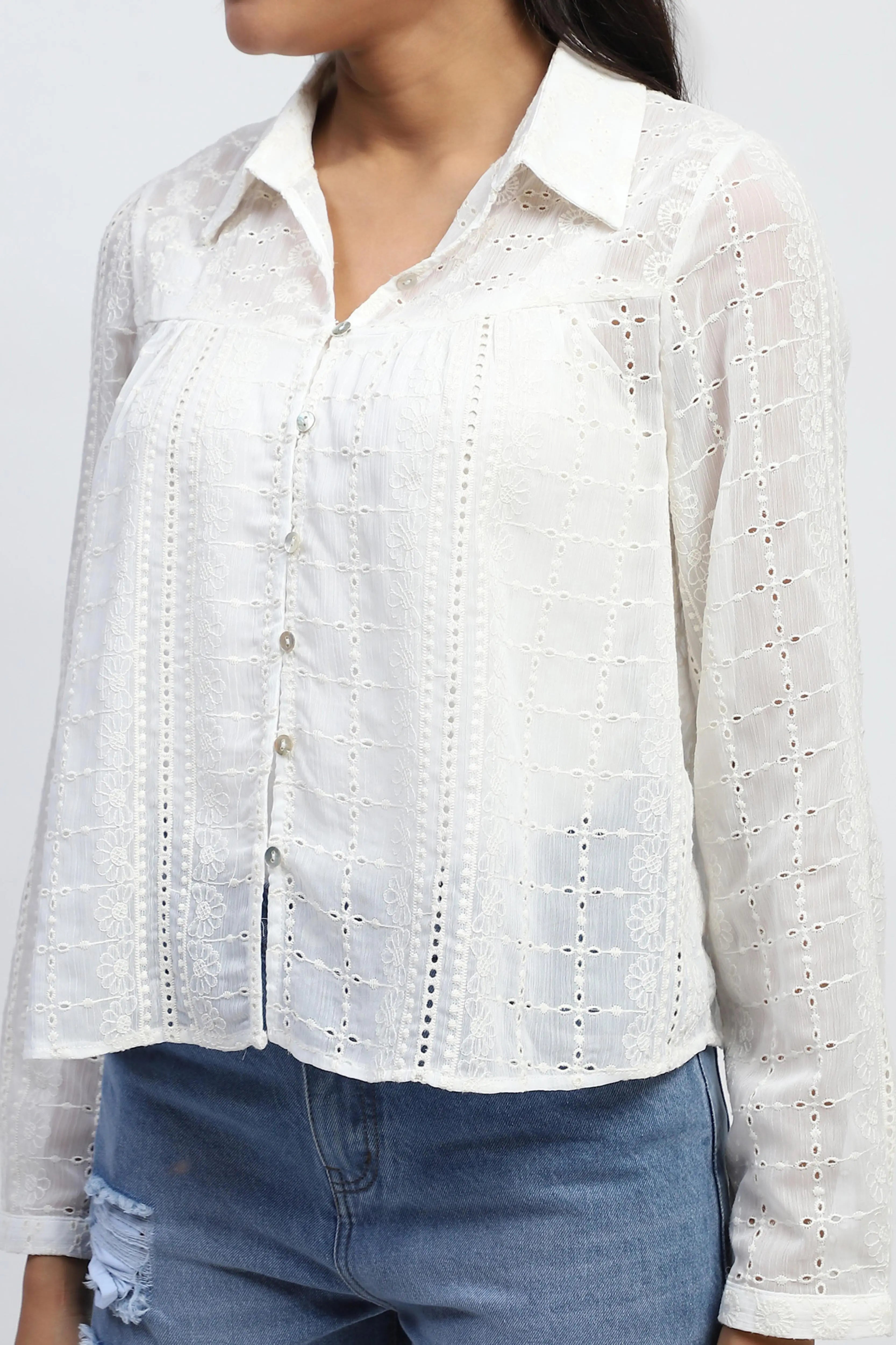 Cream Schiffli Embroidered Chiffon Top - Global Republic