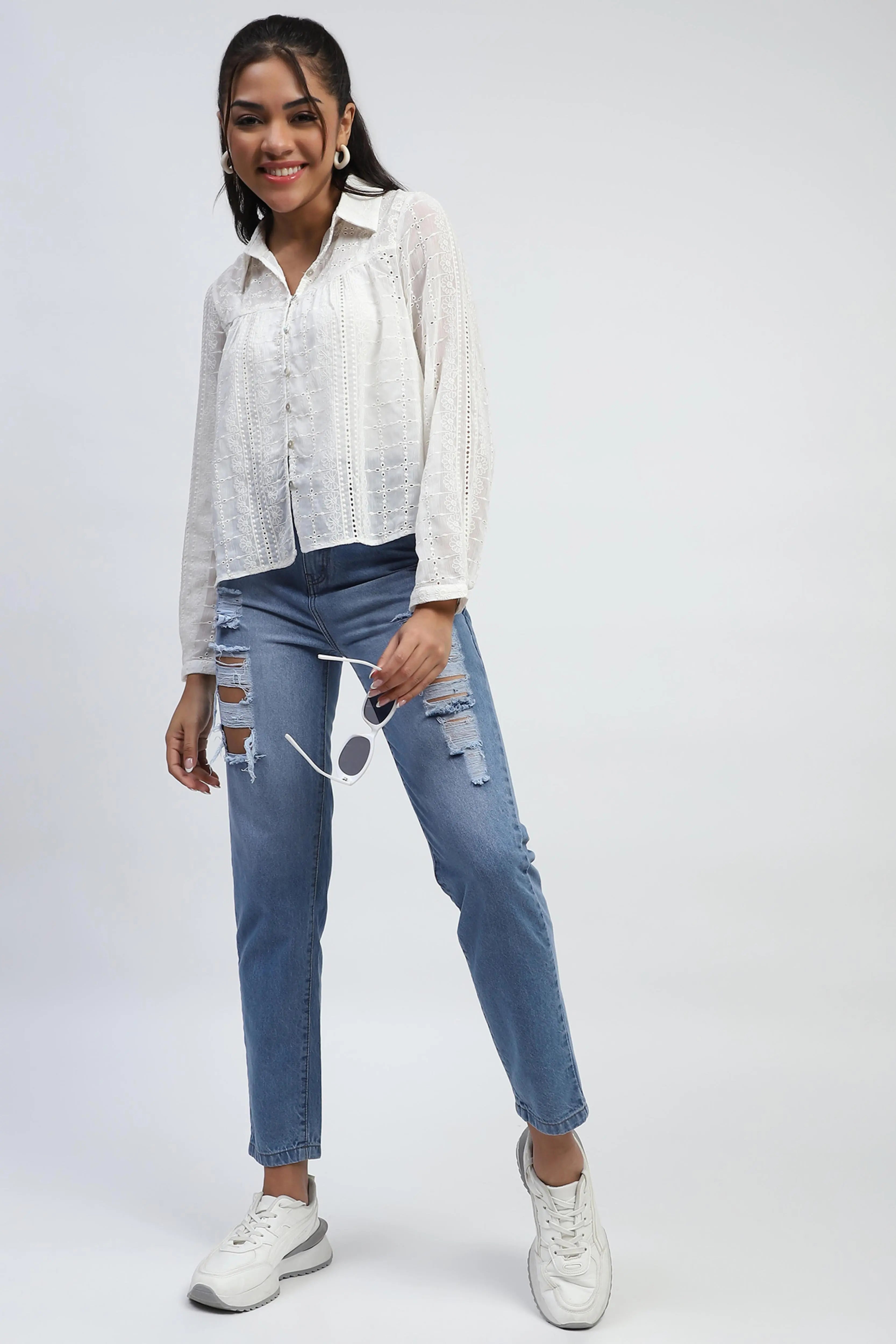 Cream Schiffli Embroidered Chiffon Top - Global Republic