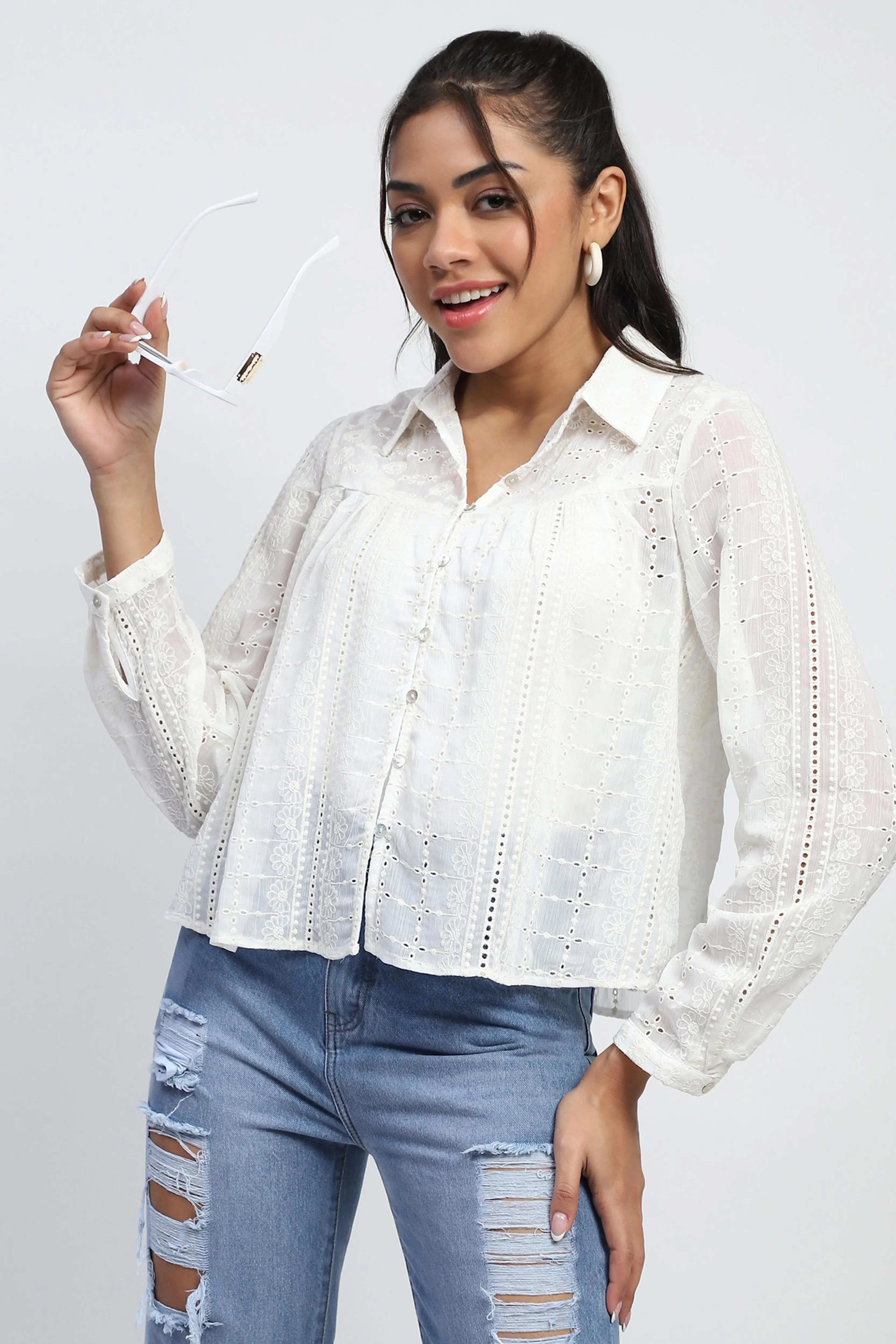 Cream Schiffli Embroidered Chiffon Top - Global Republic