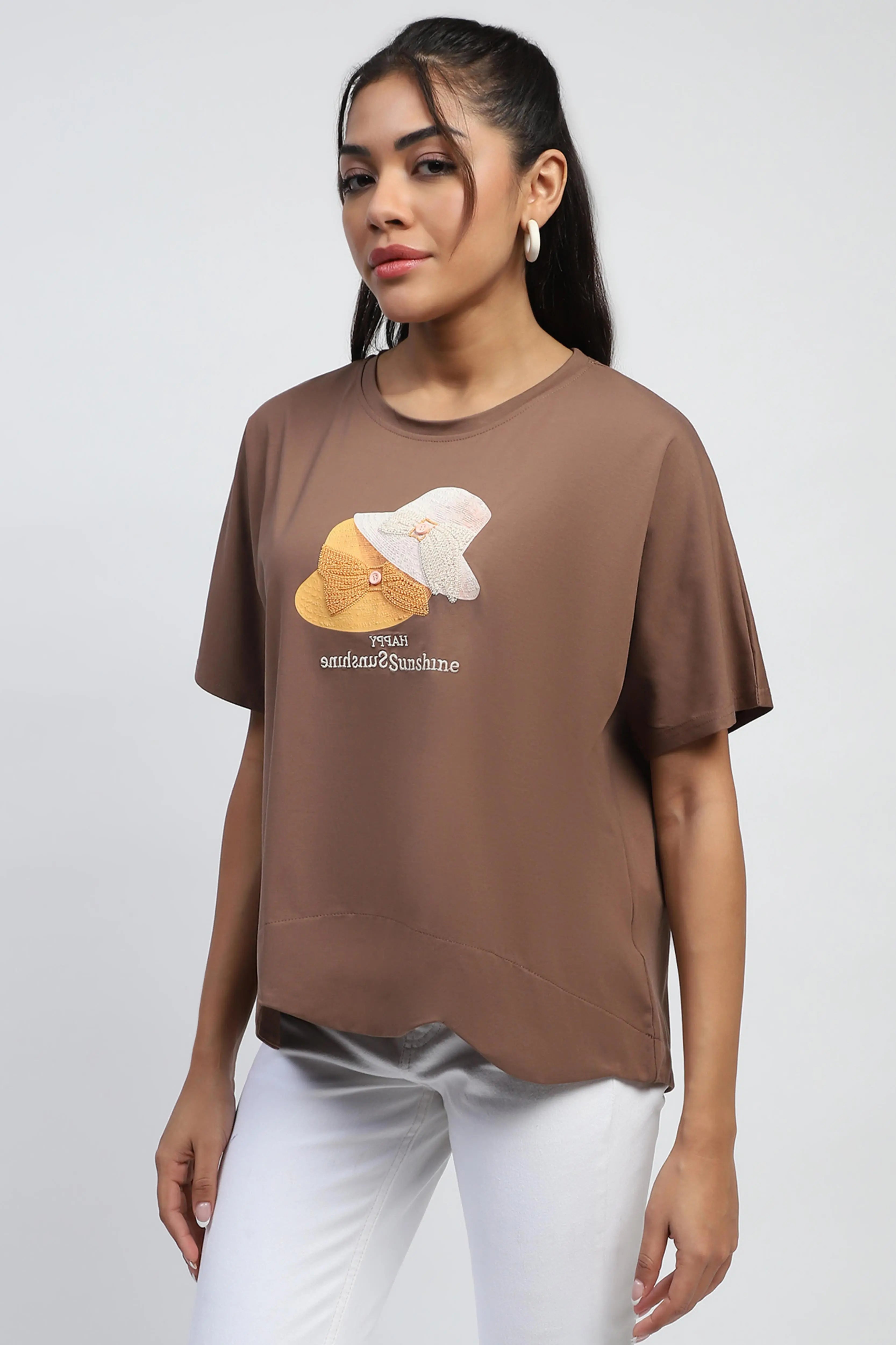 Brown Cotton Embroidered Boxy Top - Global Republic