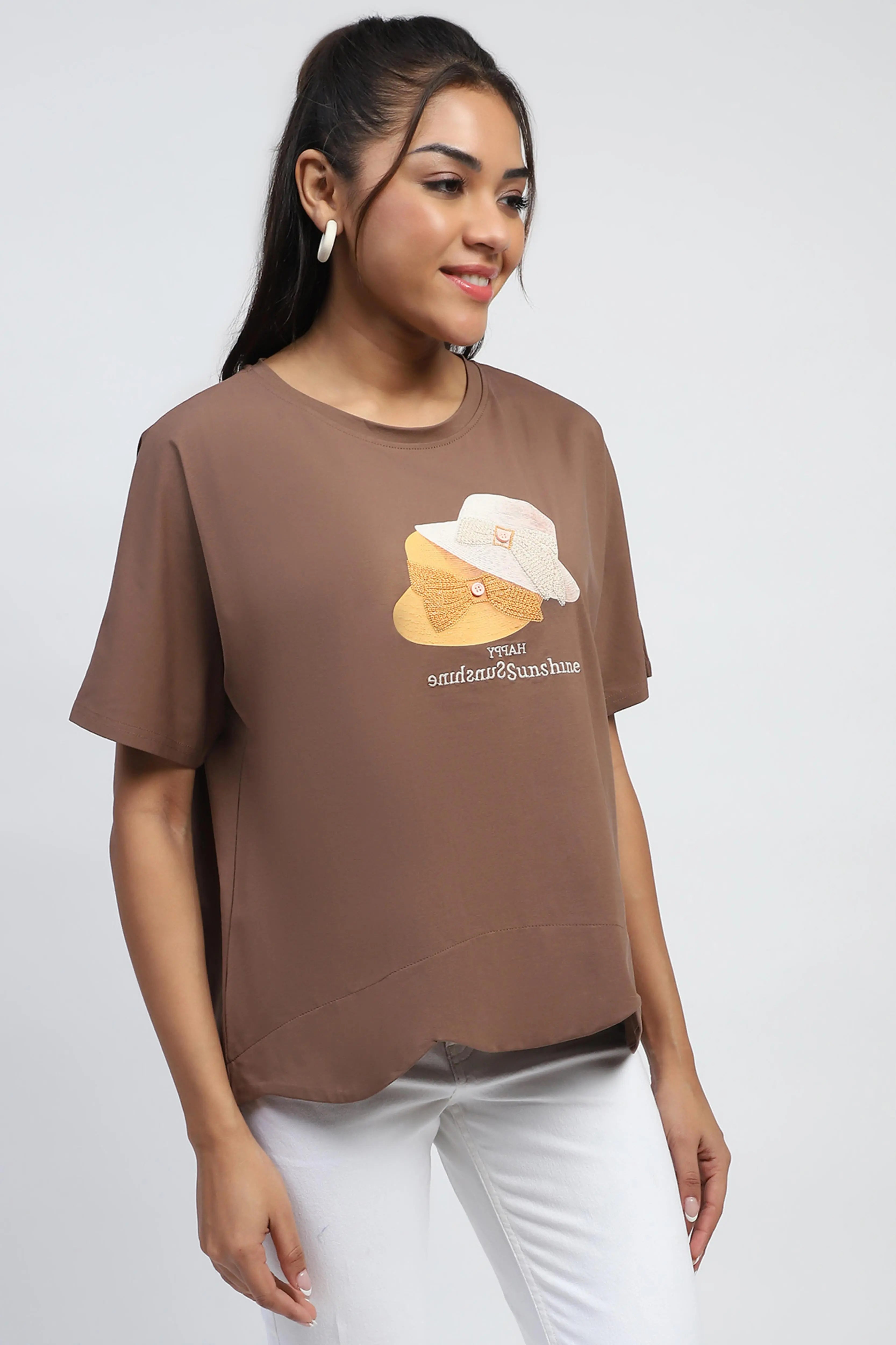 Brown Cotton Embroidered Boxy Top - Global Republic