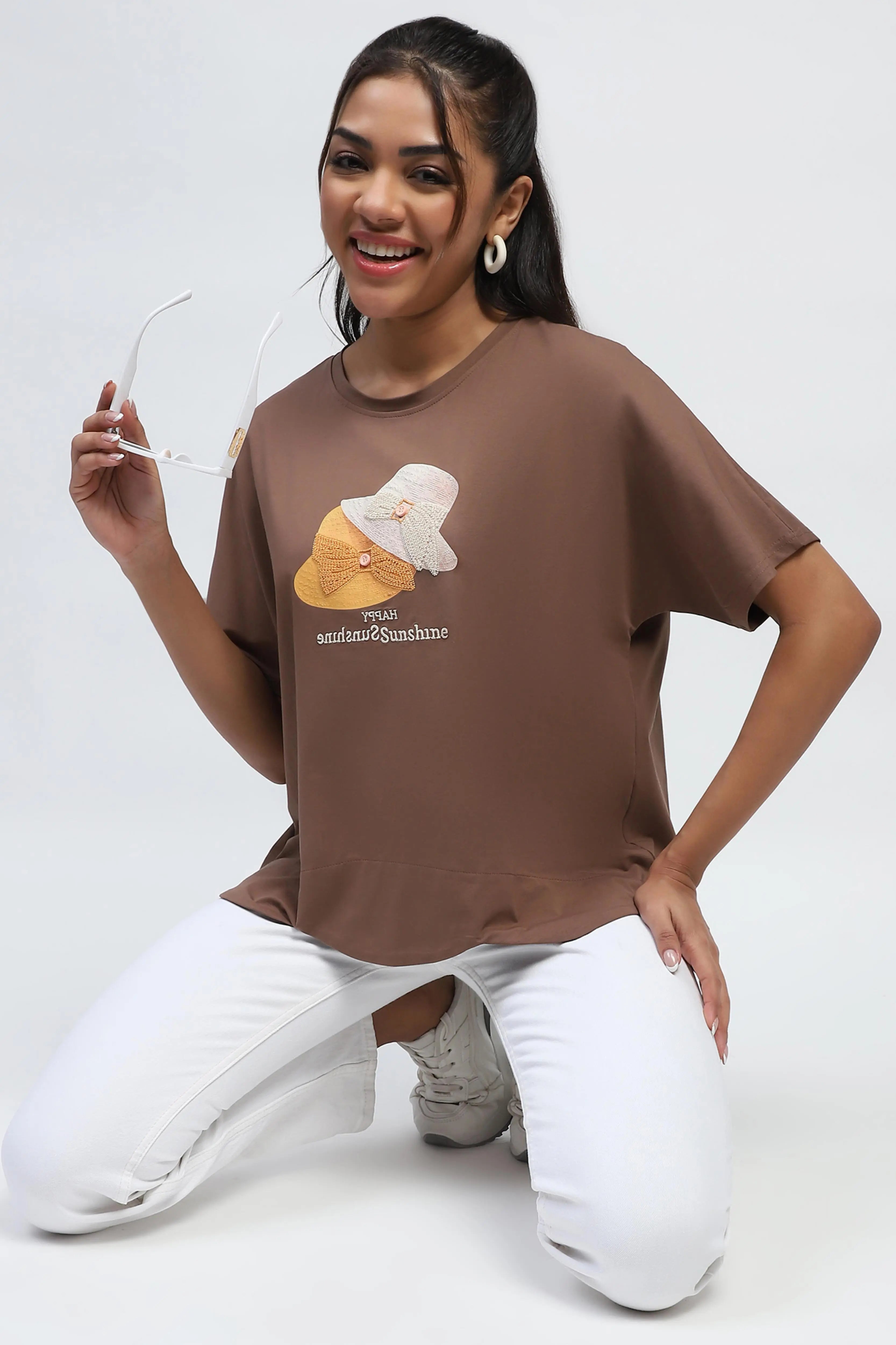 Brown Cotton Embroidered Boxy Top - Global Republic