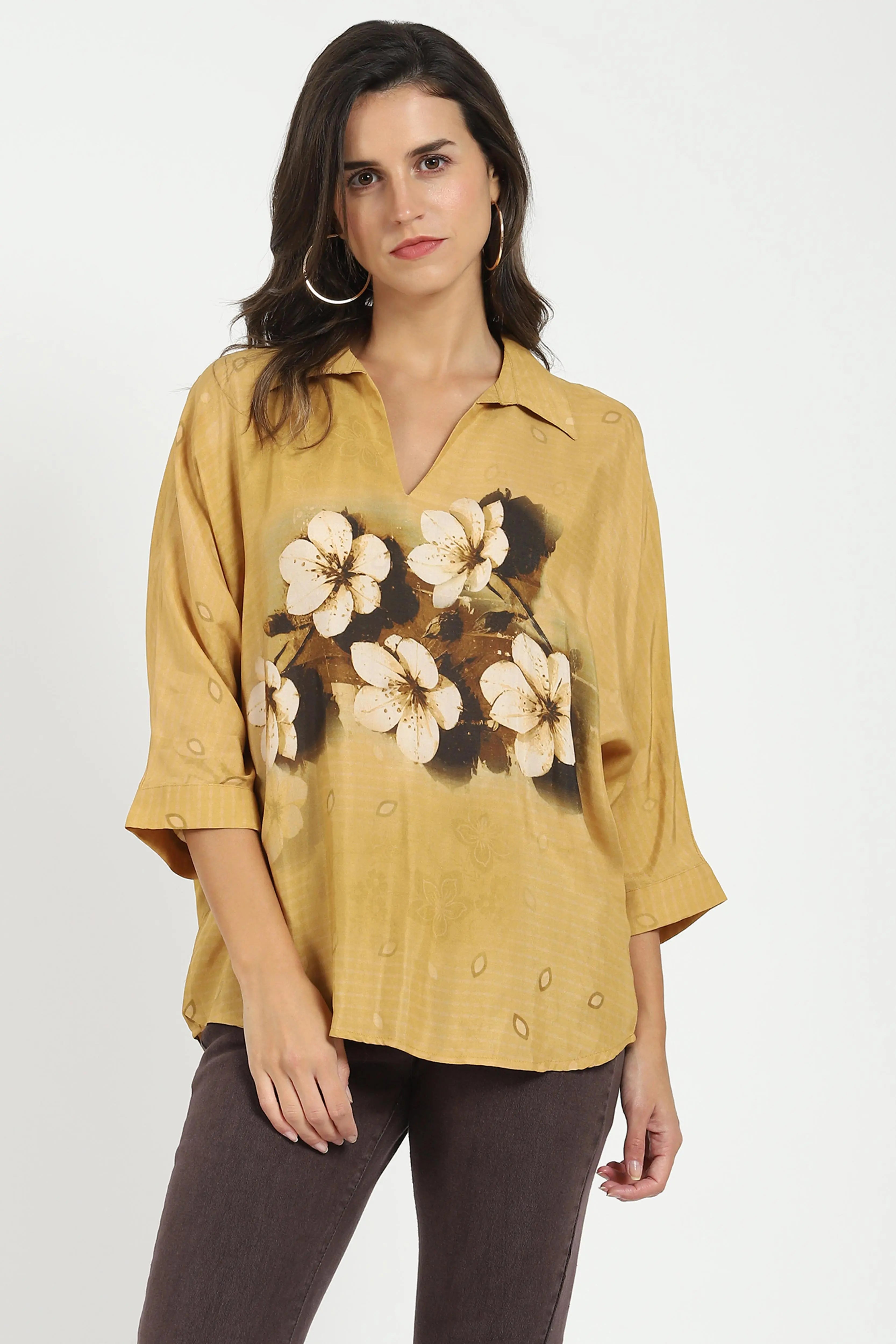 Mustard Viscose Floral Loose Top - Global Republic