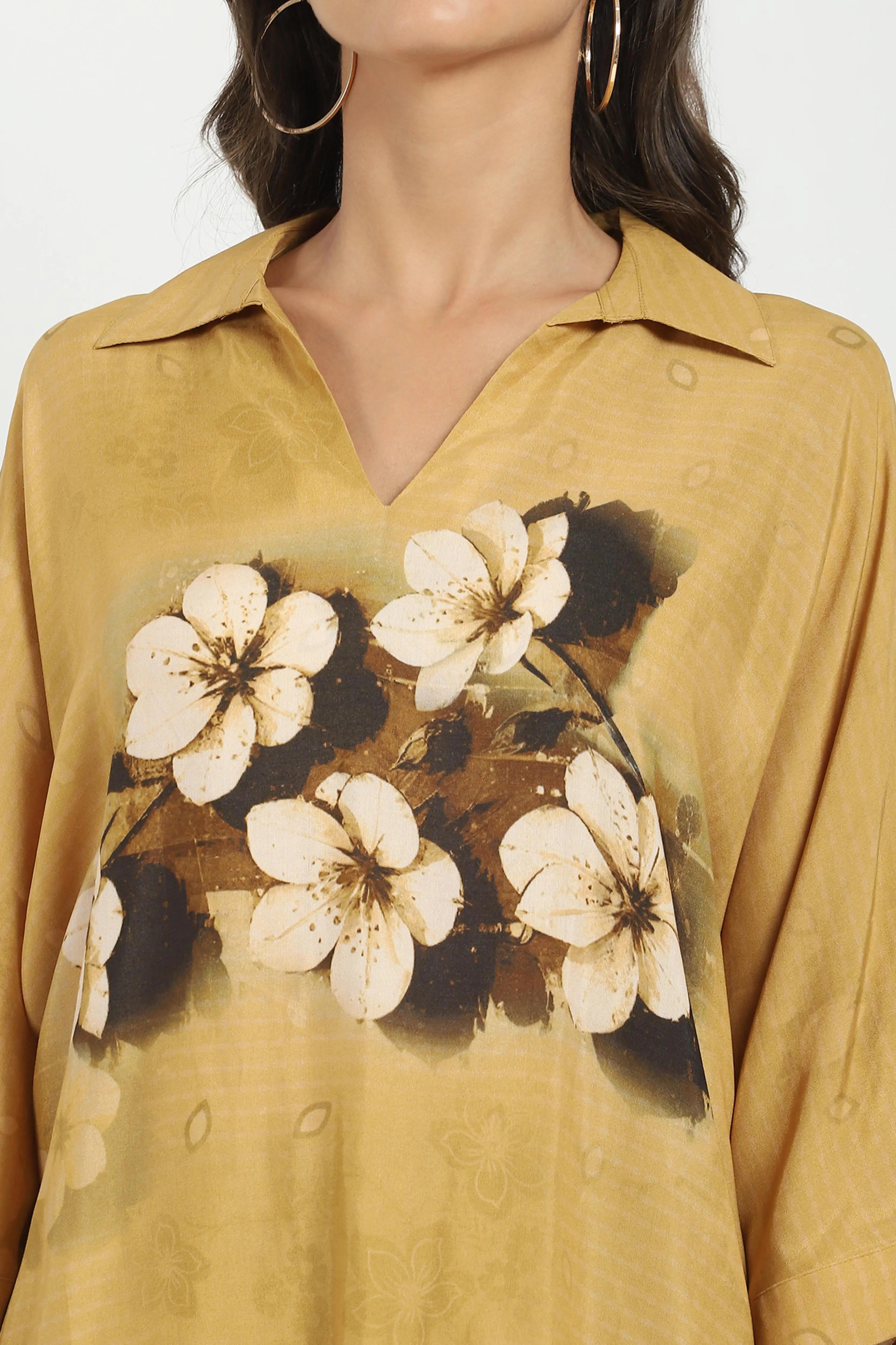 Mustard Viscose Floral Loose Top - Global Republic