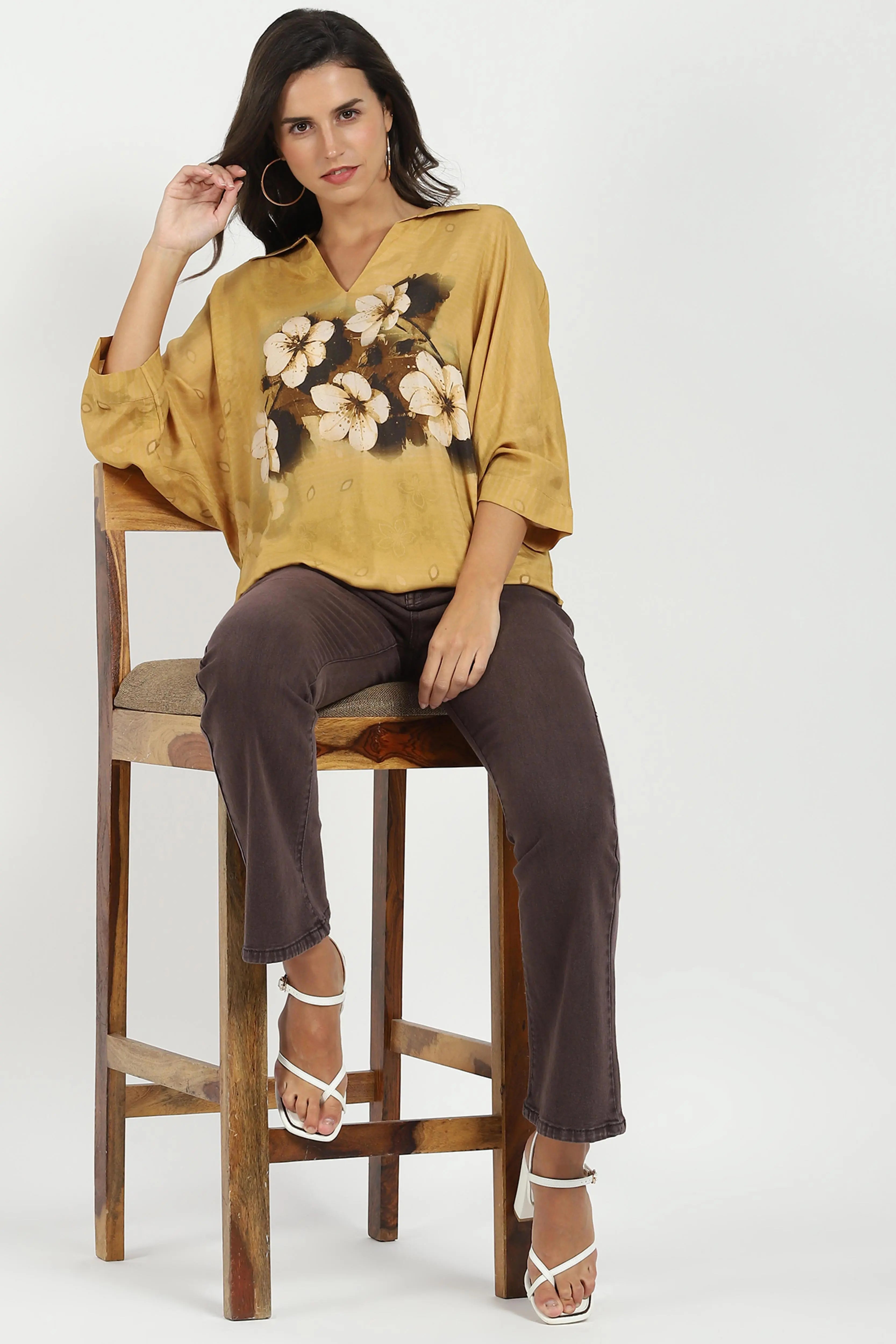 Mustard Viscose Floral Loose Top - Global Republic