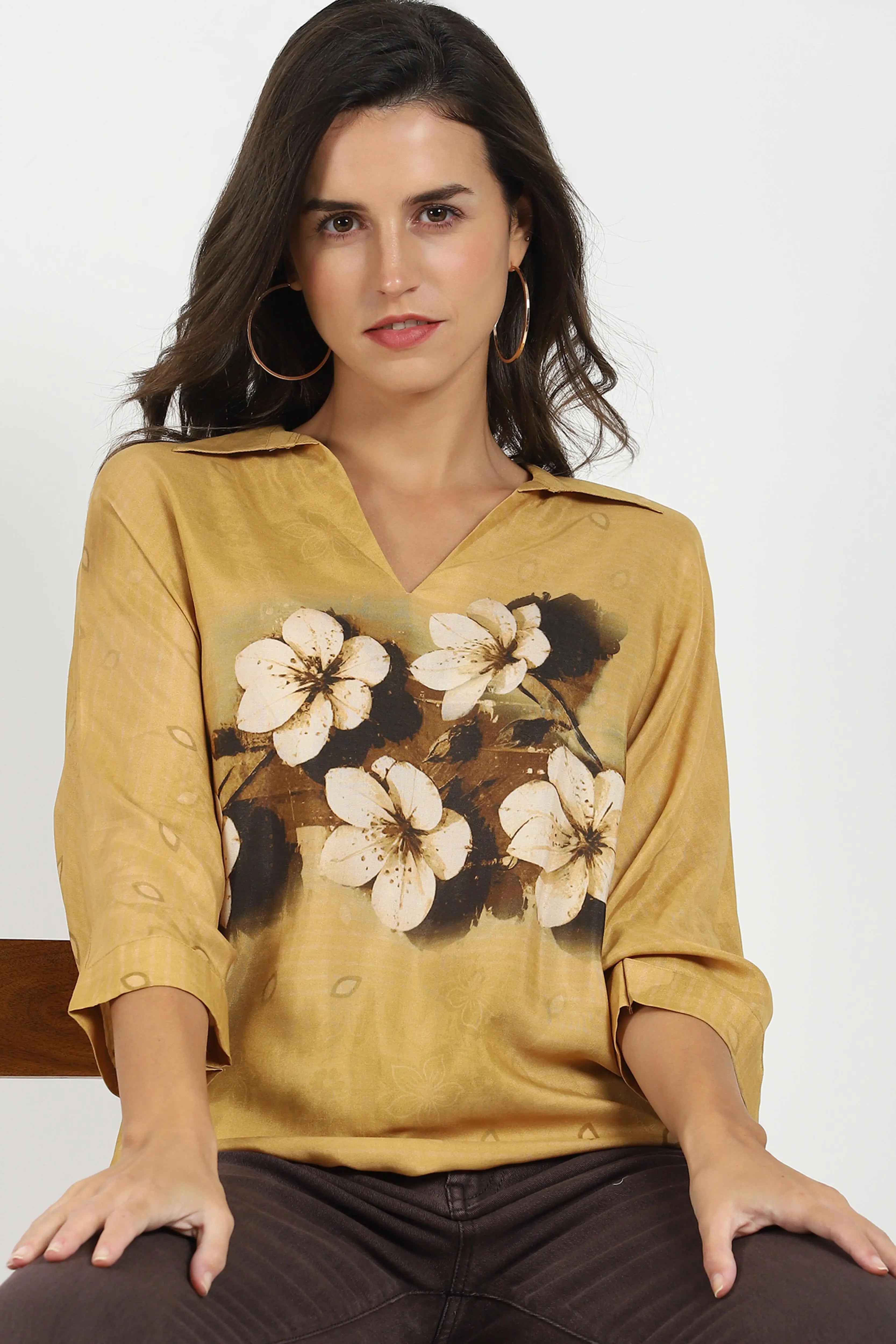 Mustard Viscose Floral Loose Top - Global Republic