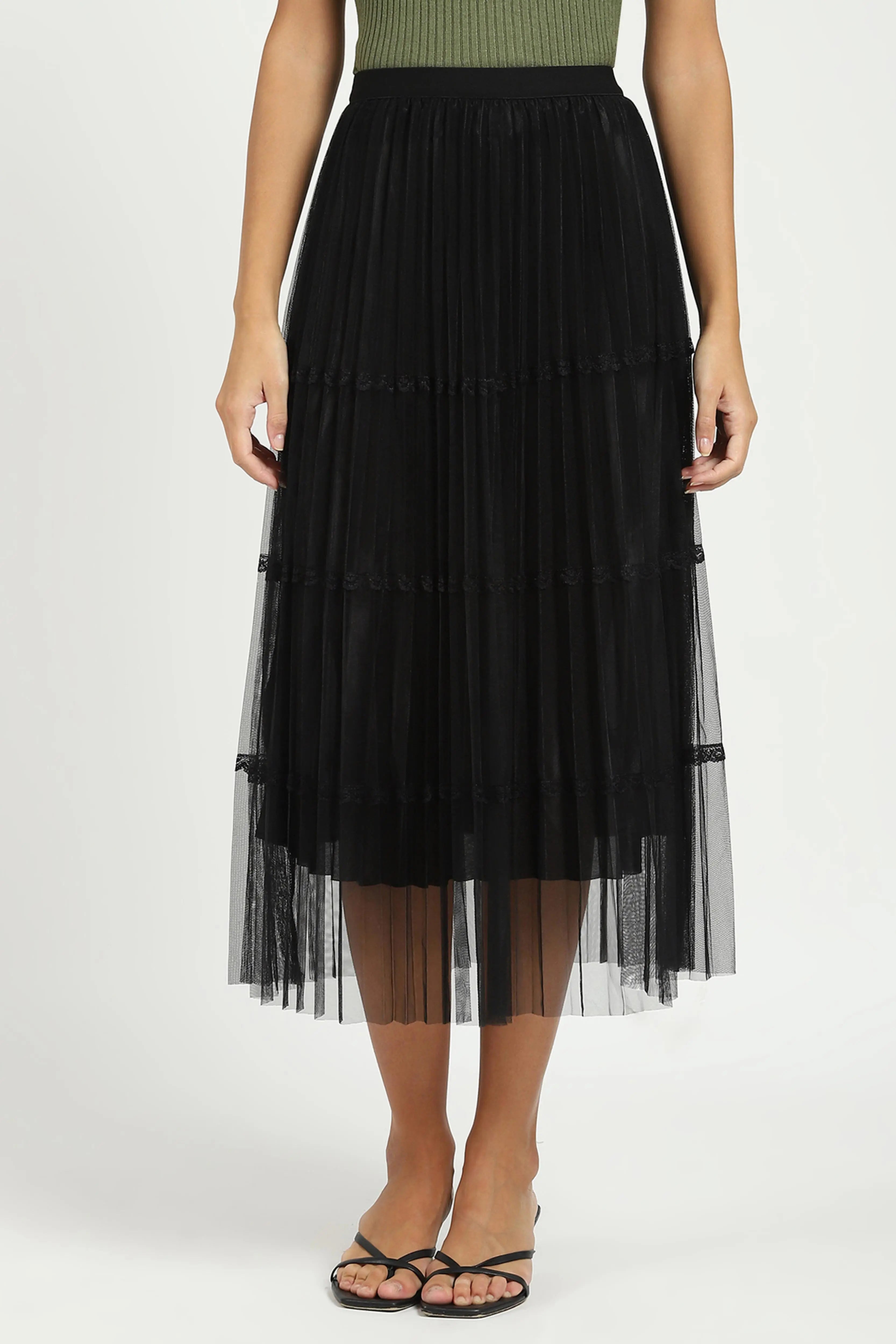 Black Pleated Net Skirt - Global Republic