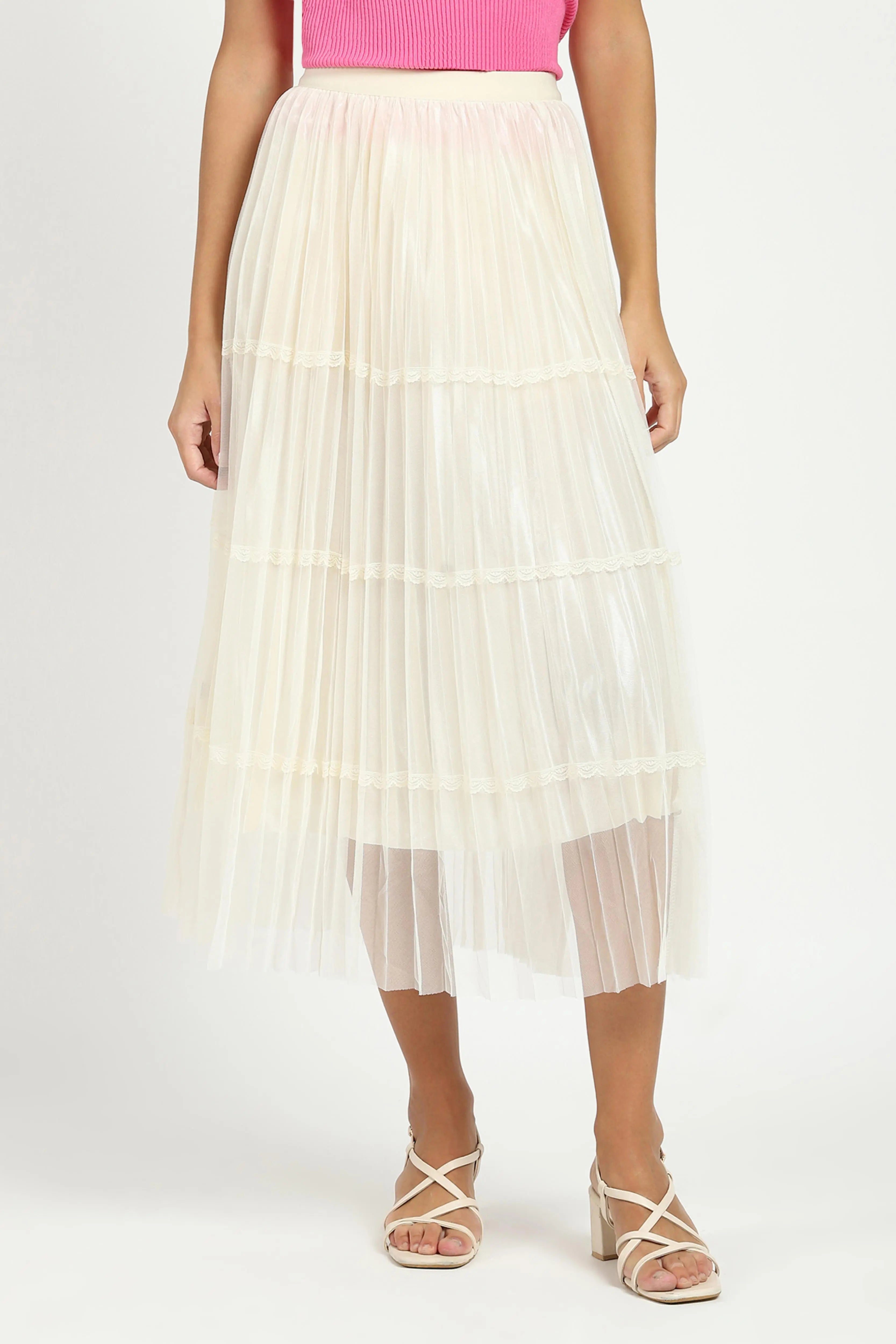 Cream Pleated Net Skirt - Global Republic