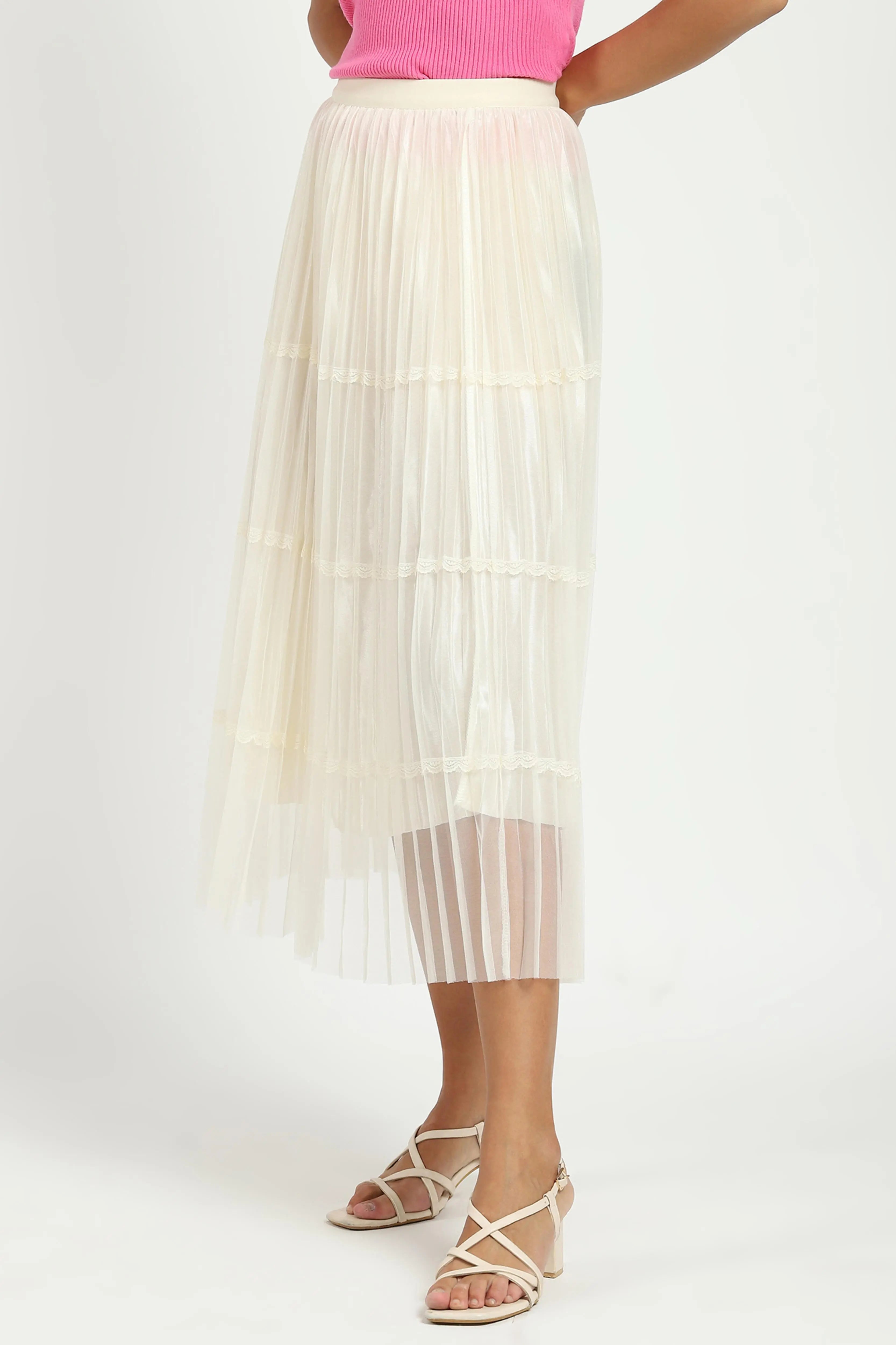 Cream Pleated Net Skirt - Global Republic