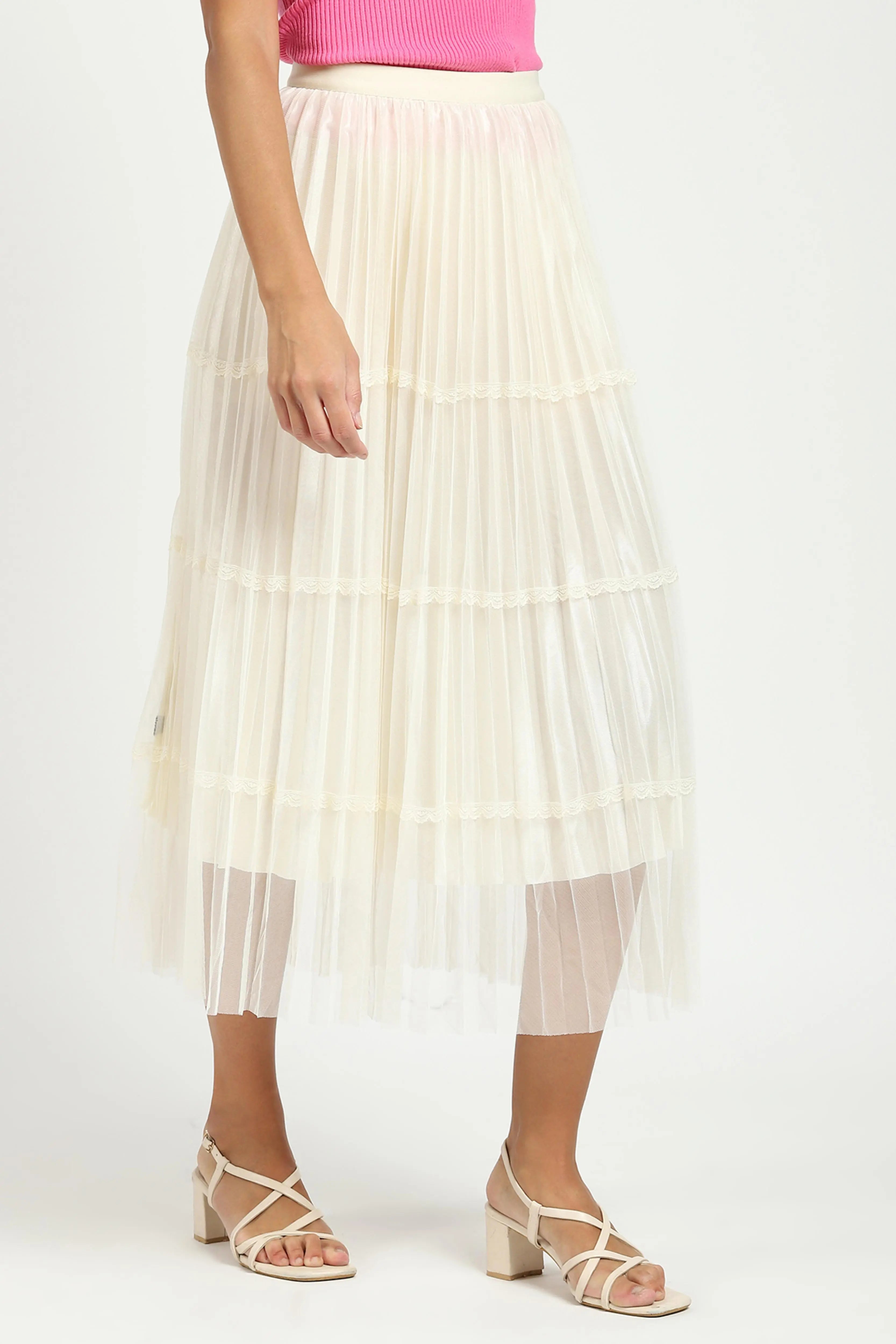 Cream Pleated Net Skirt - Global Republic
