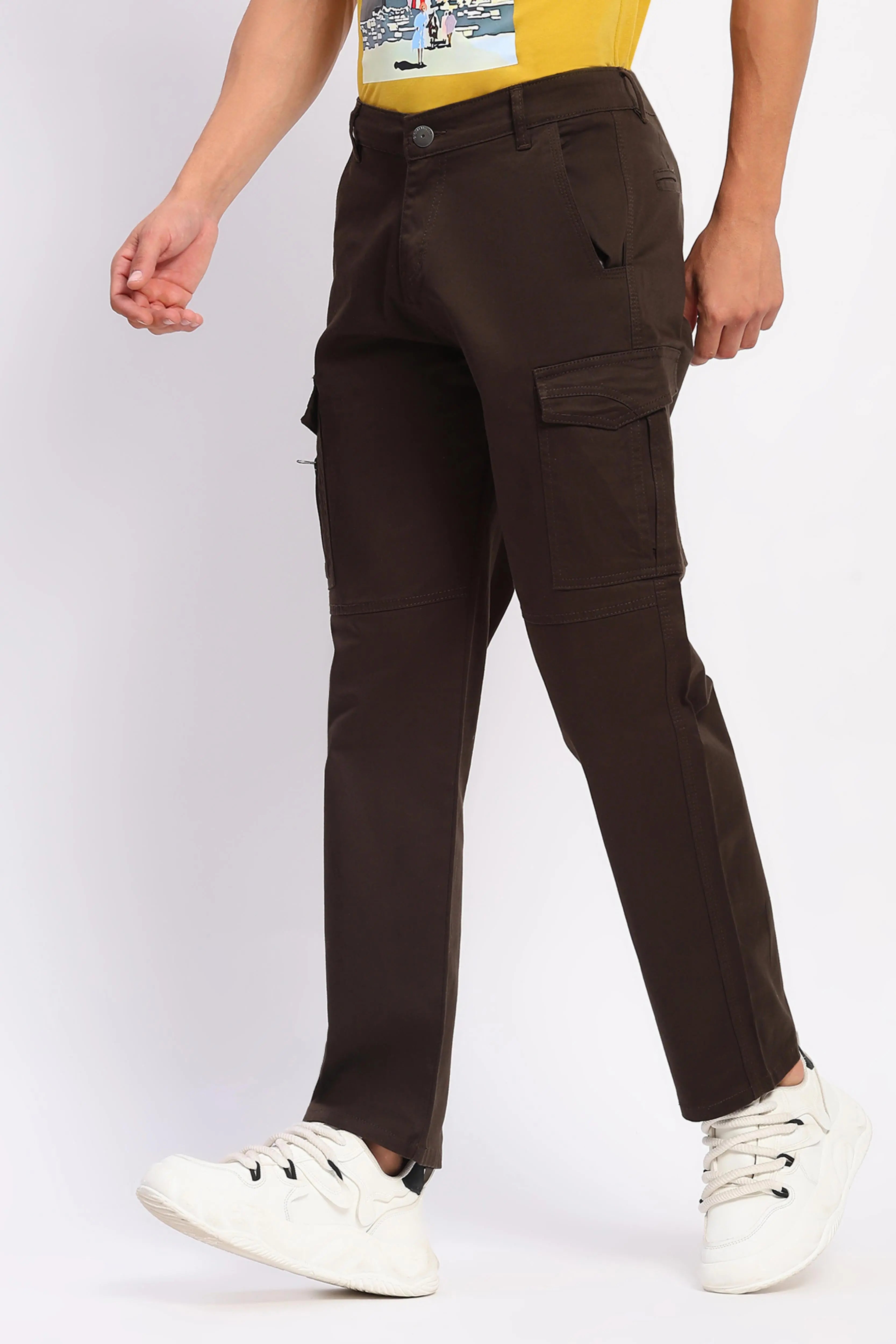 Brown Cotton Blend Regular Fit Cargo - Global Republic