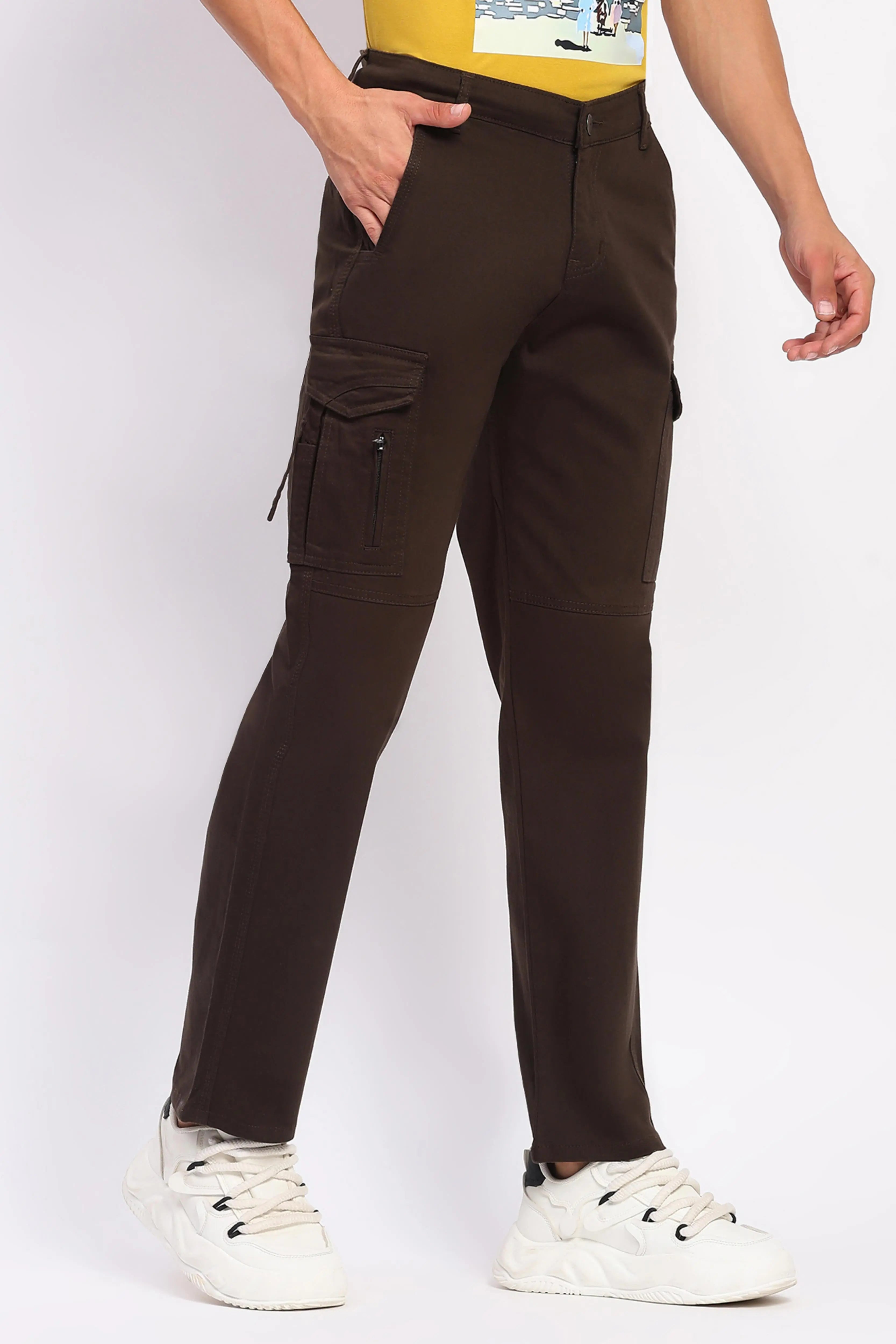 Brown Cotton Blend Regular Fit Cargo - Global Republic