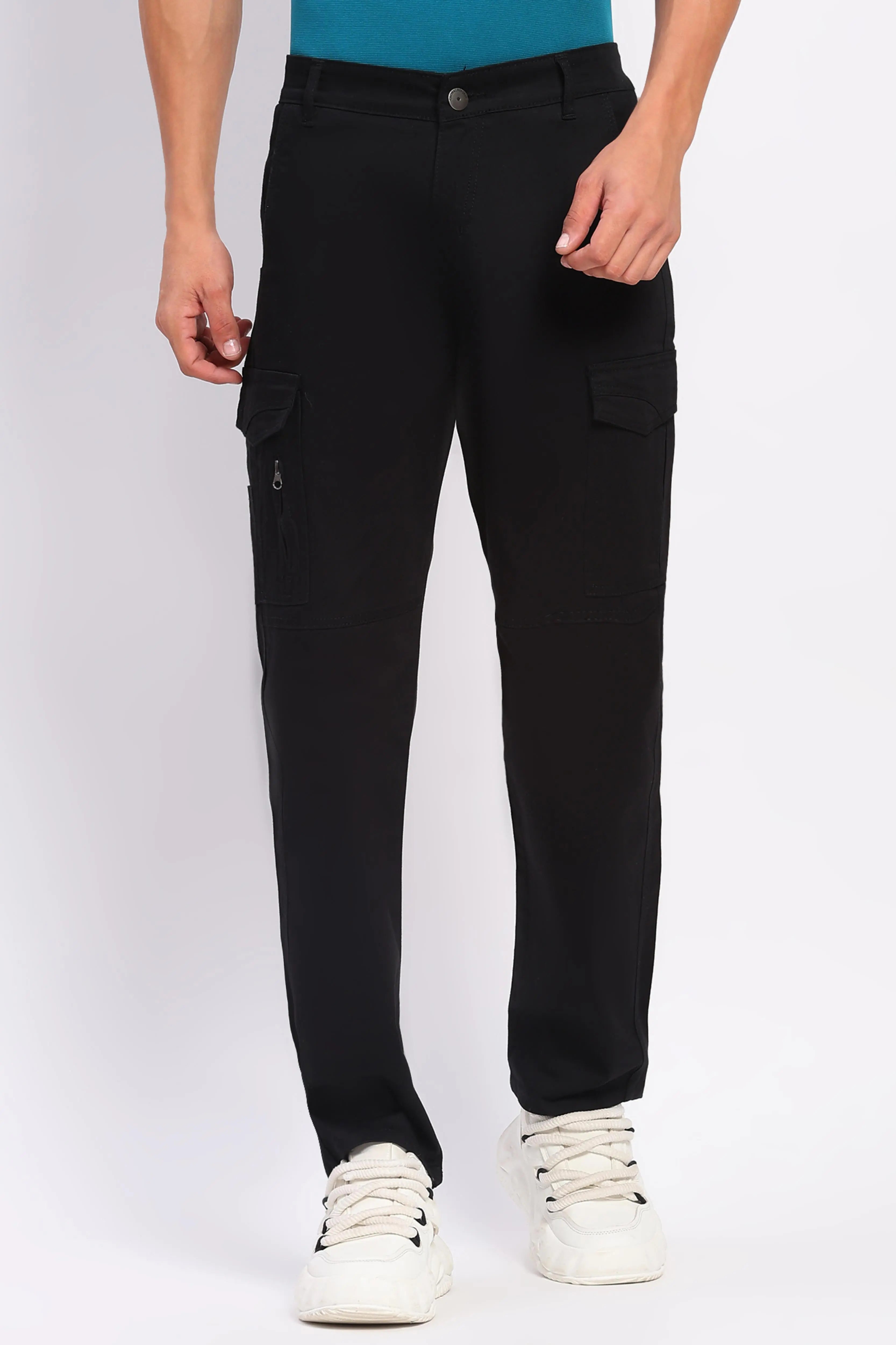 Black Cotton Blend Regular Fit Cargo - Global Republic