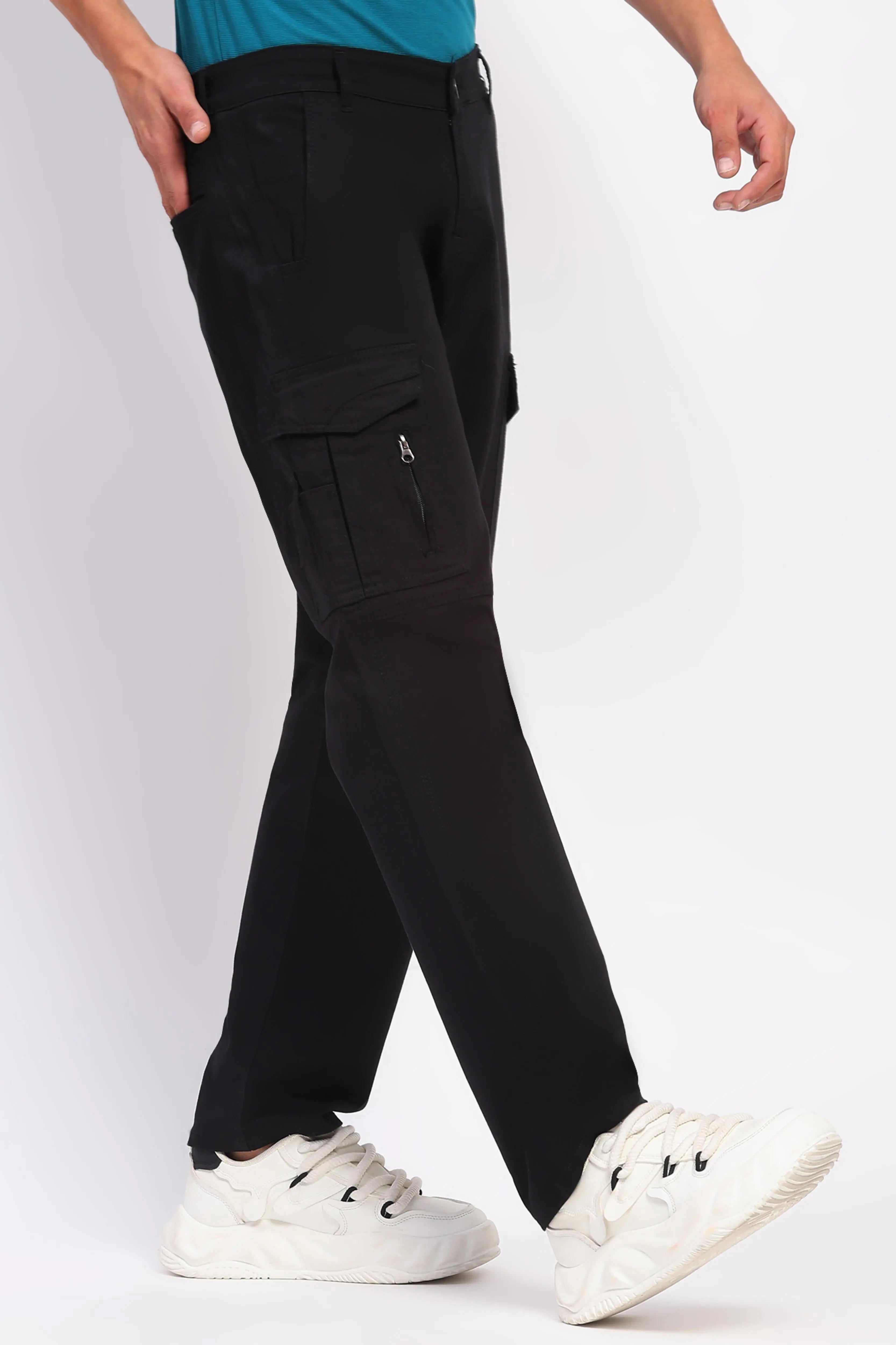 Black Cotton Blend Regular Fit Cargo - Global Republic