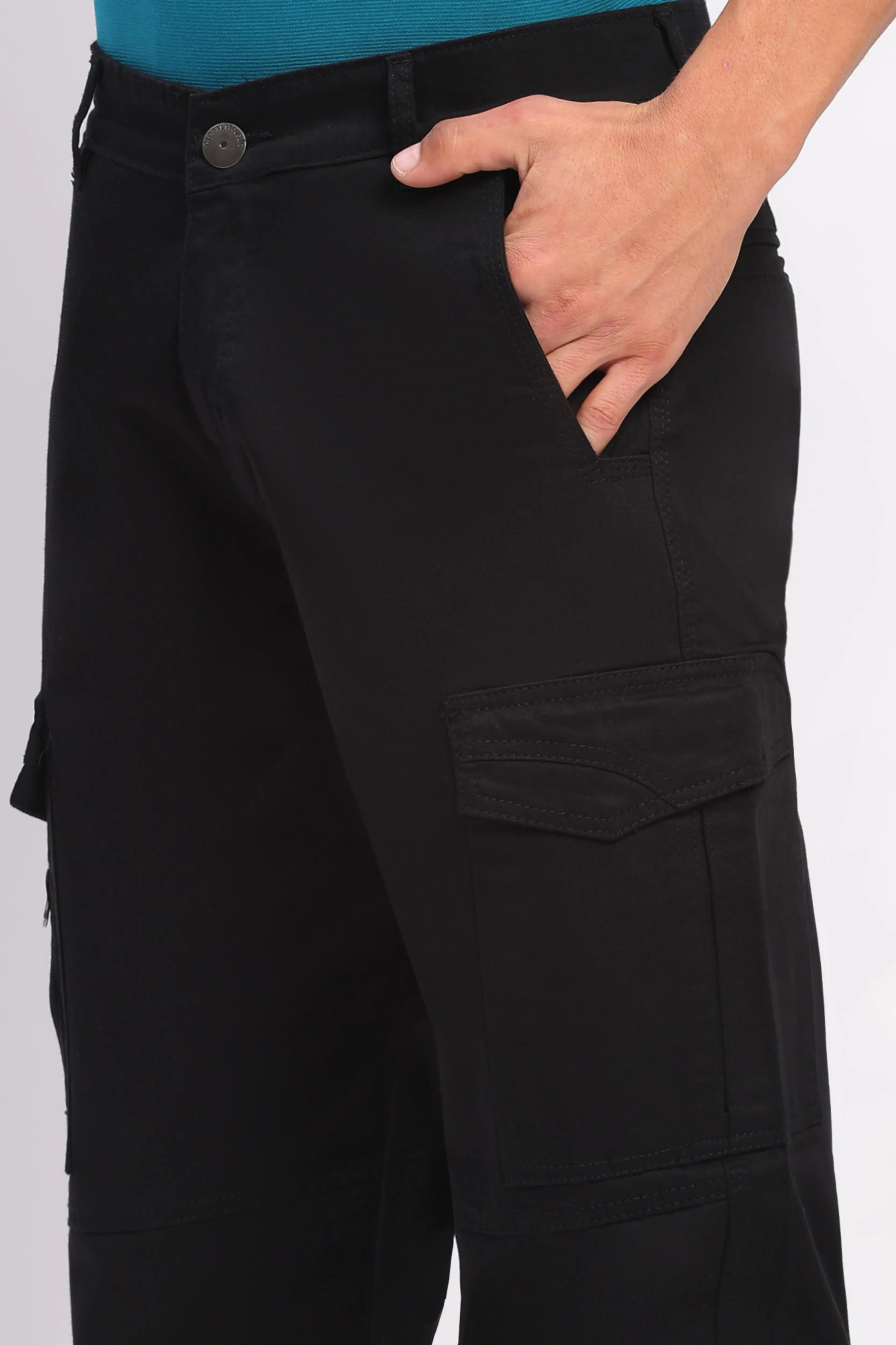 Black Cotton Blend Regular Fit Cargo - Global Republic