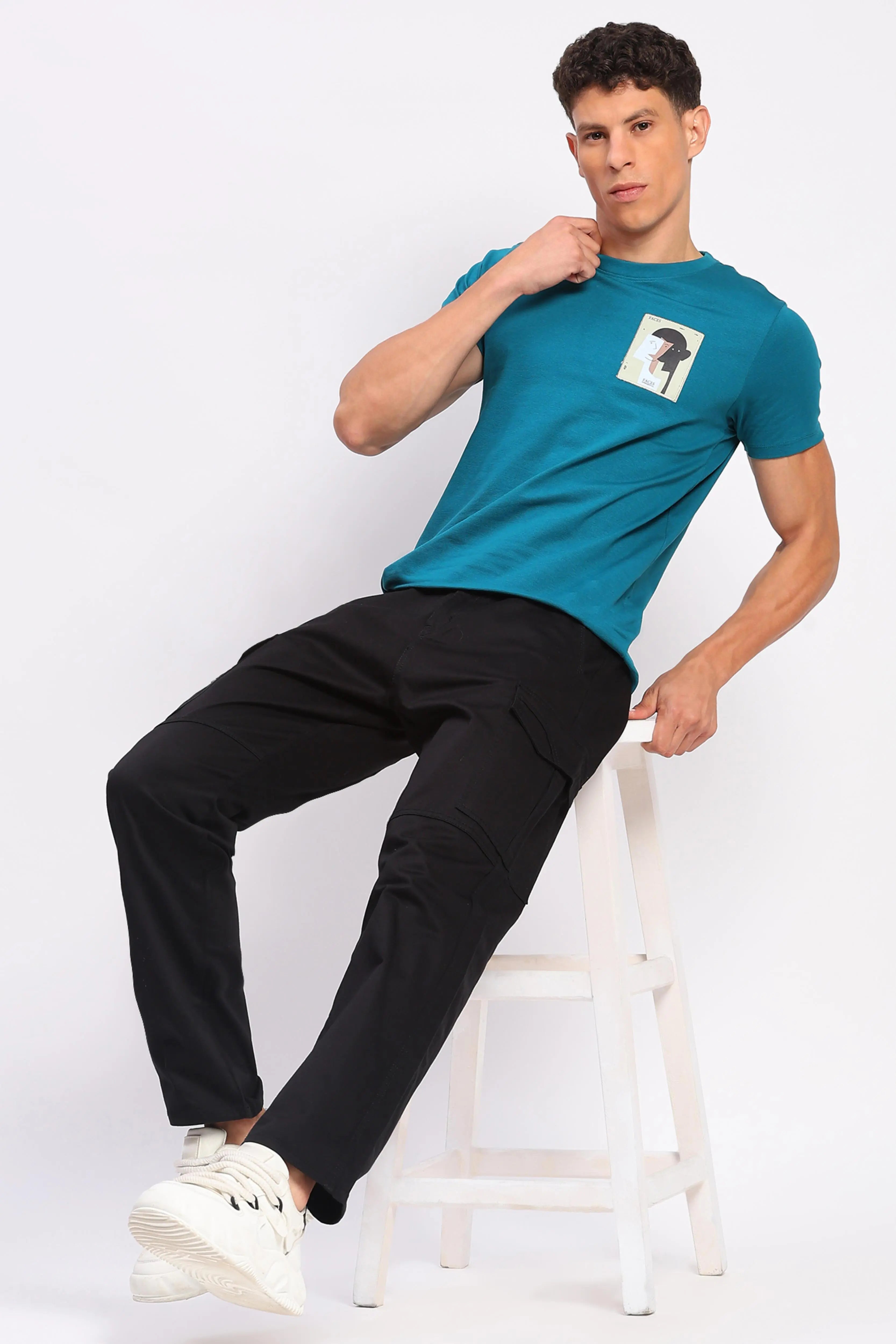 Black Cotton Blend Regular Fit Cargo - Global Republic