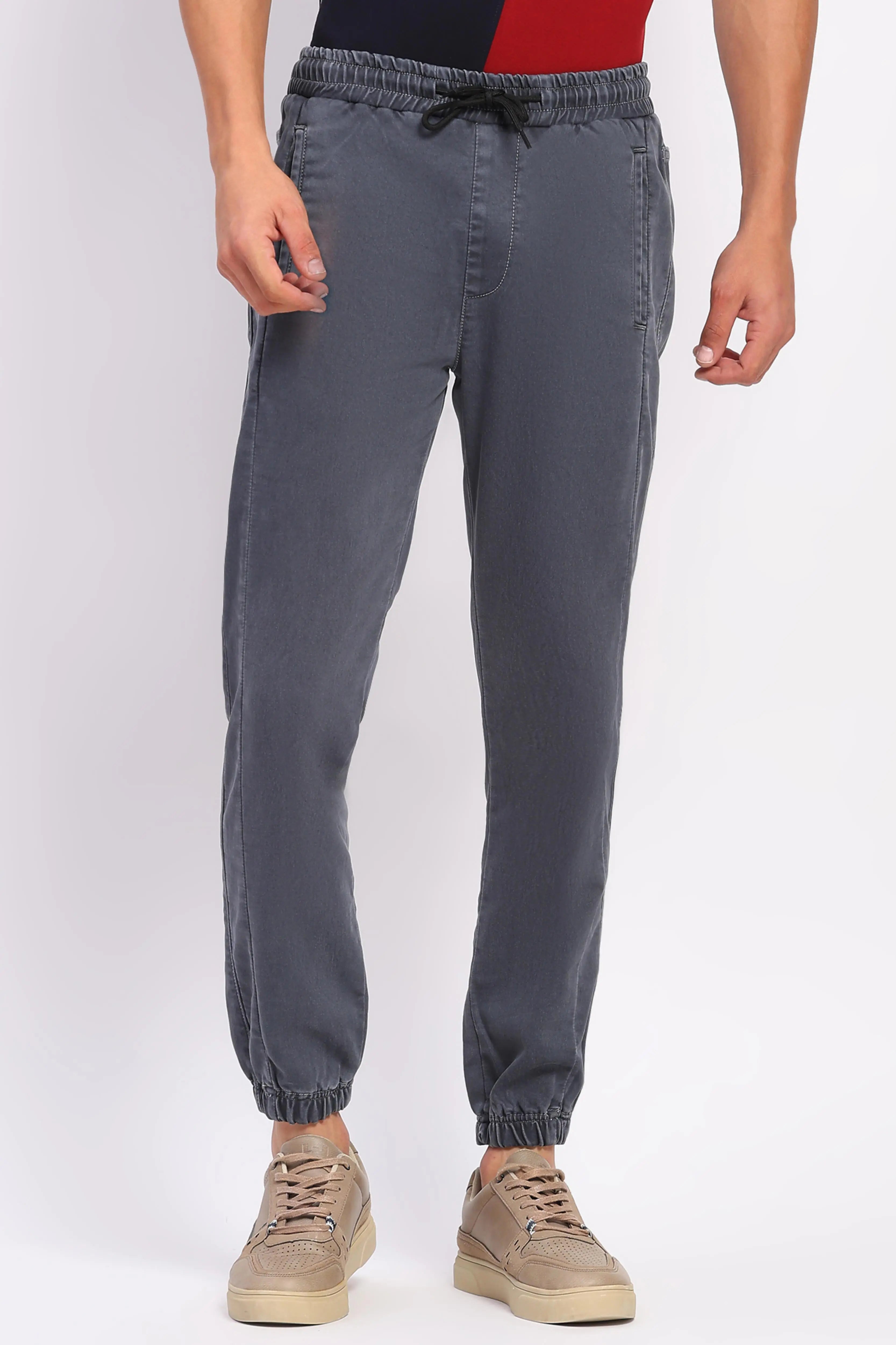 Solid Grey Stretchable Cotton Blend Joggers - Global Republic