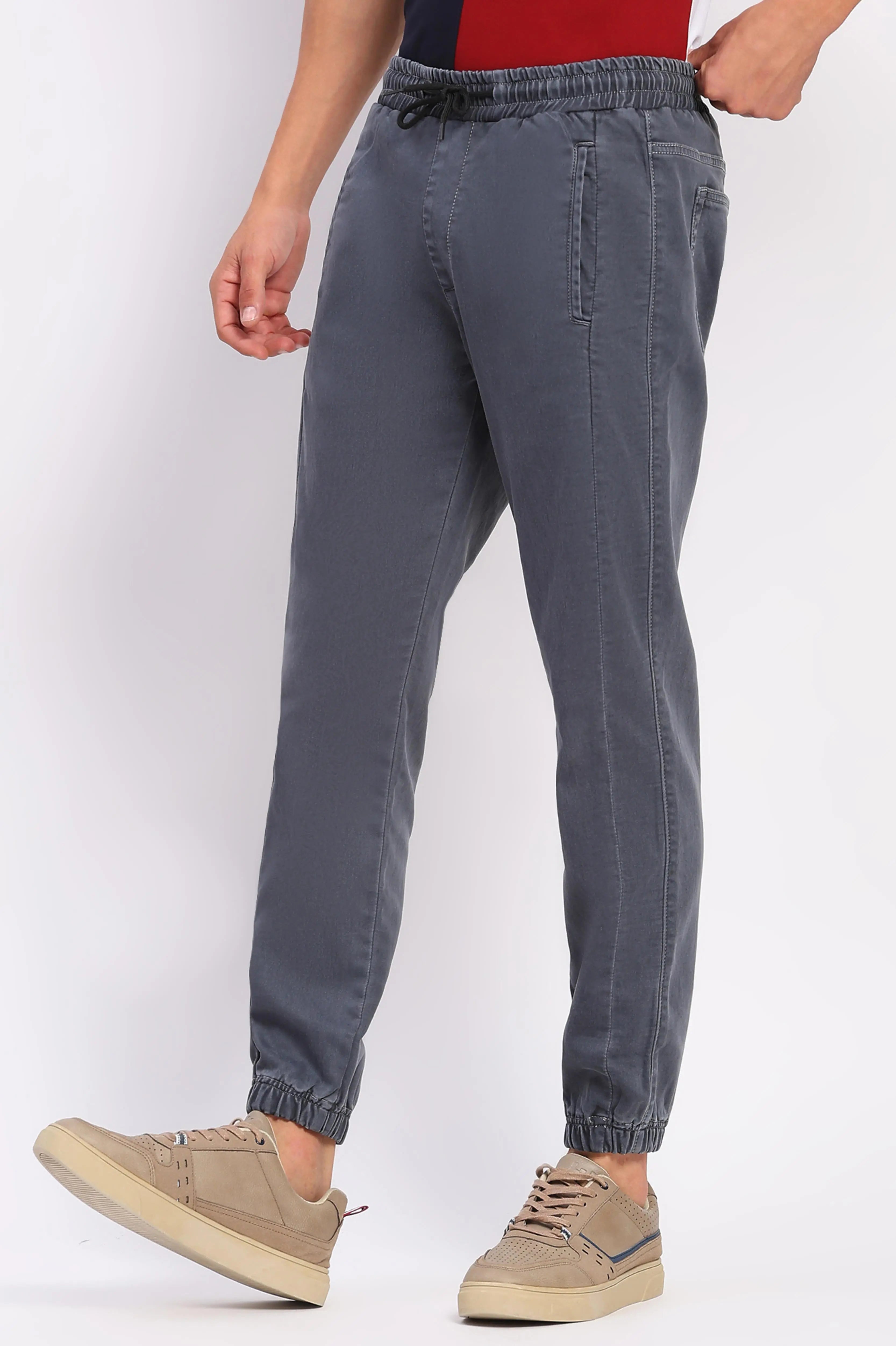 Solid Grey Stretchable Cotton Blend Joggers - Global Republic