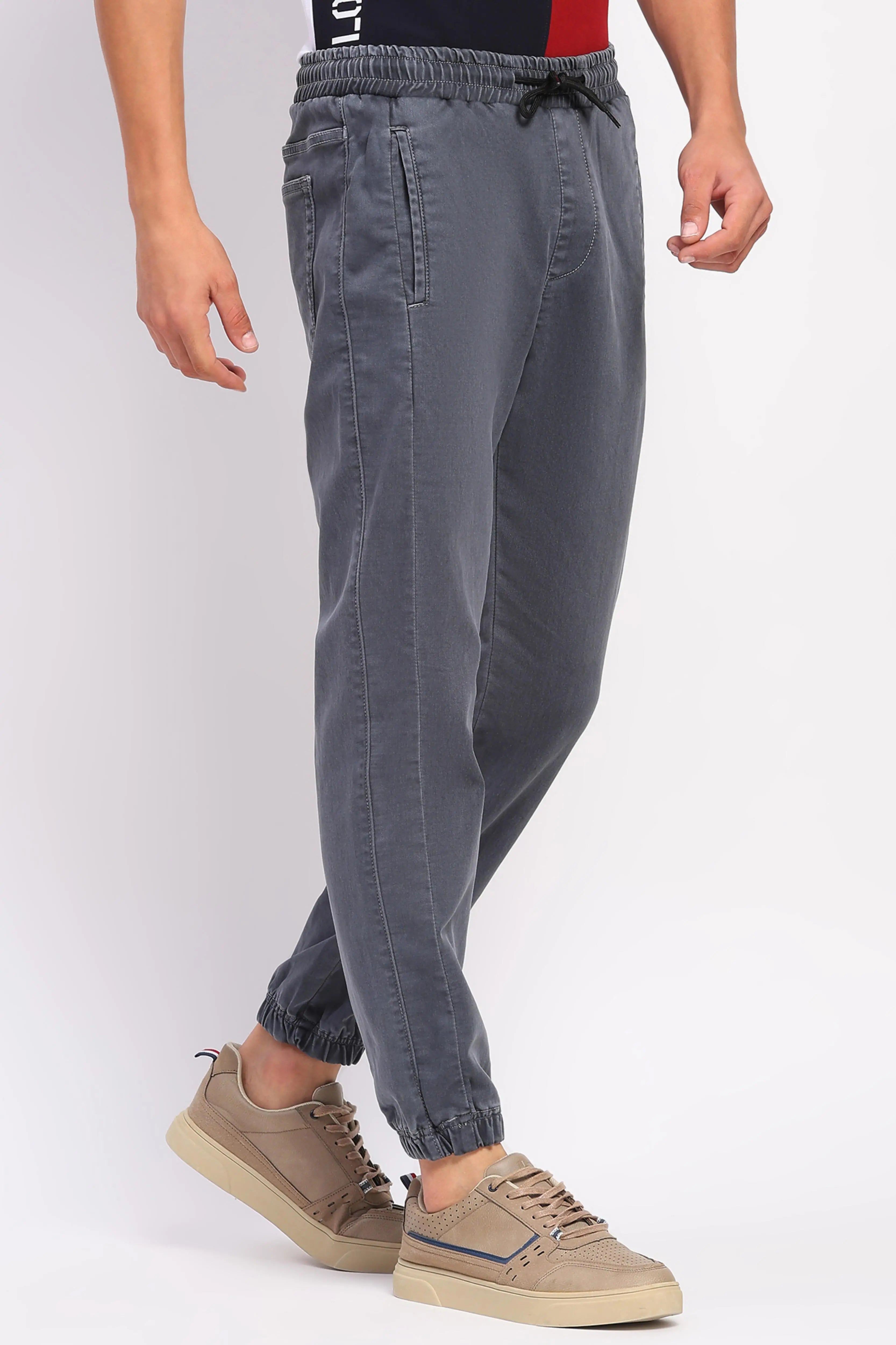 Solid Grey Stretchable Cotton Blend Joggers - Global Republic