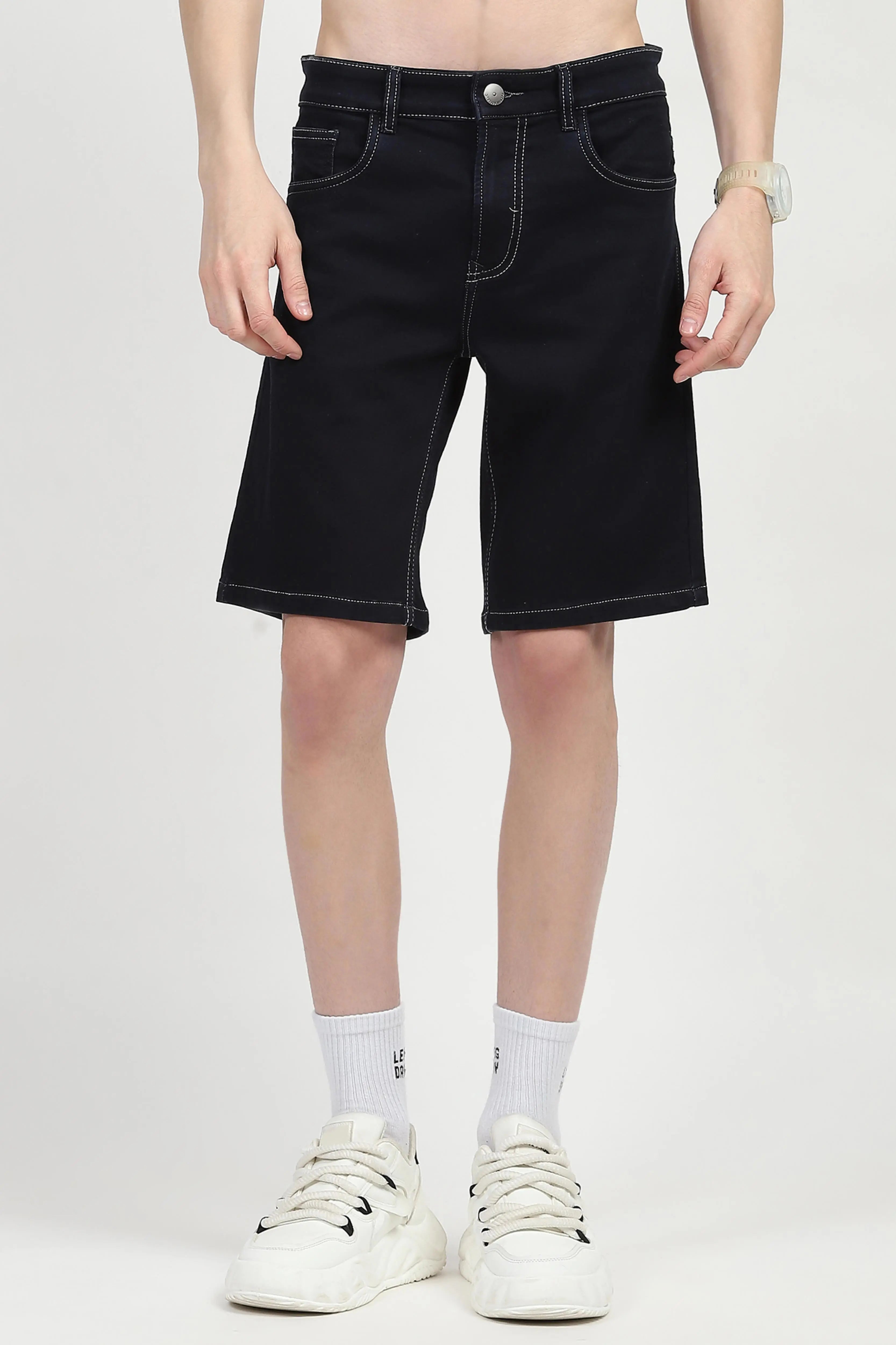 Navy Blue Cotton Denim Shorts - Global Republic