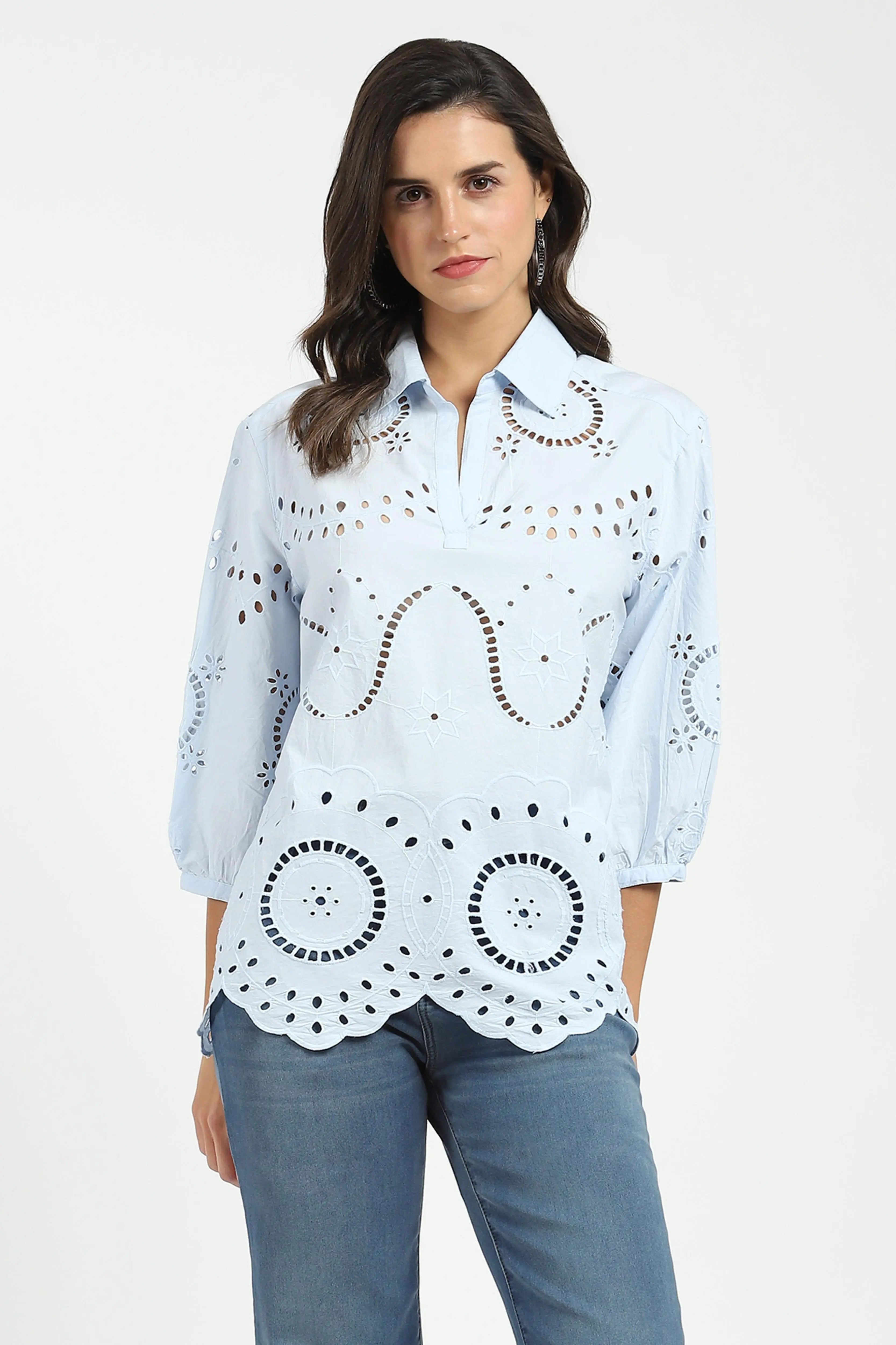 Blue Embroidered  Schiffli Top - Global Republic