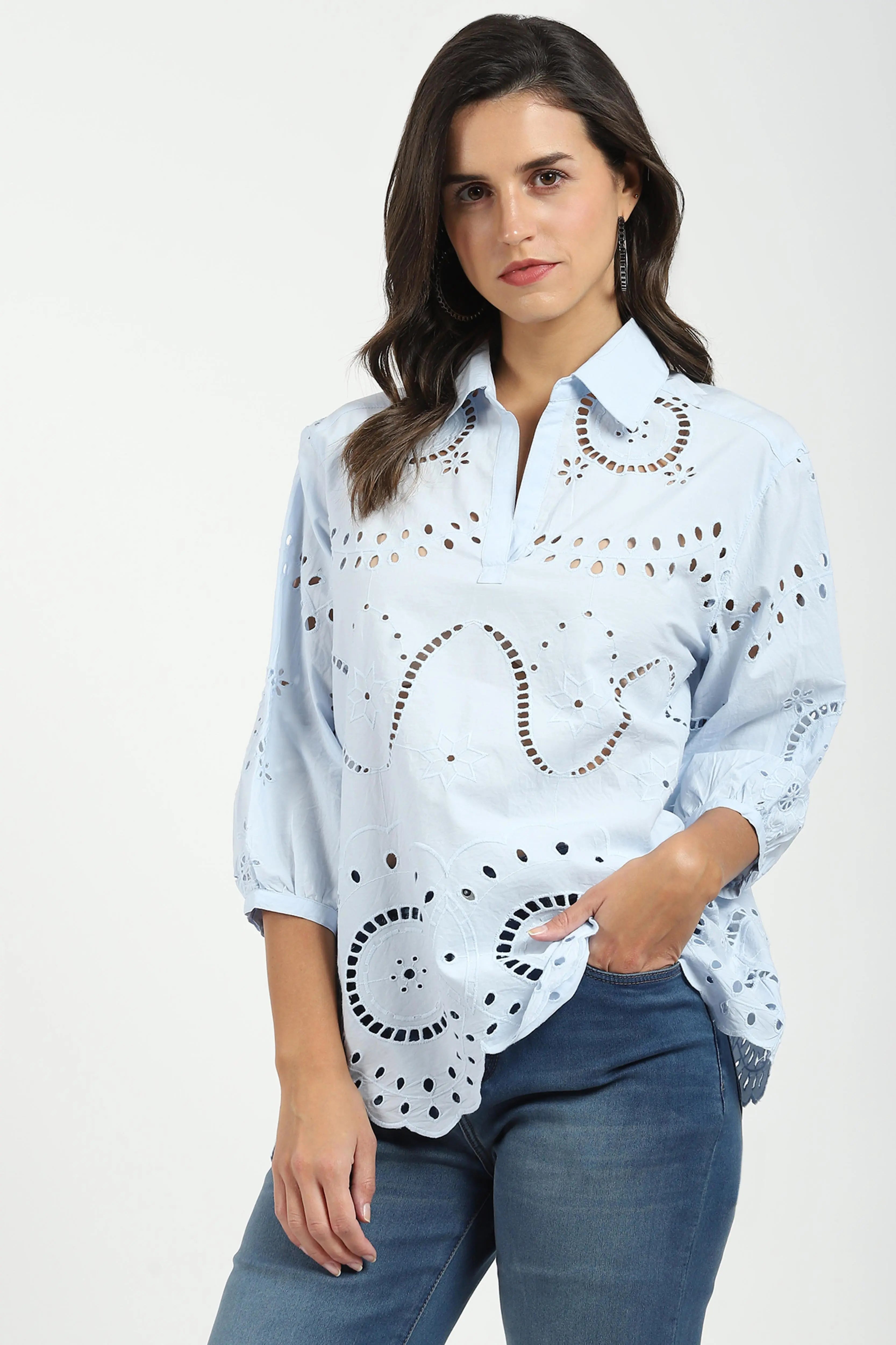 Blue Embroidered  Schiffli Top - Global Republic