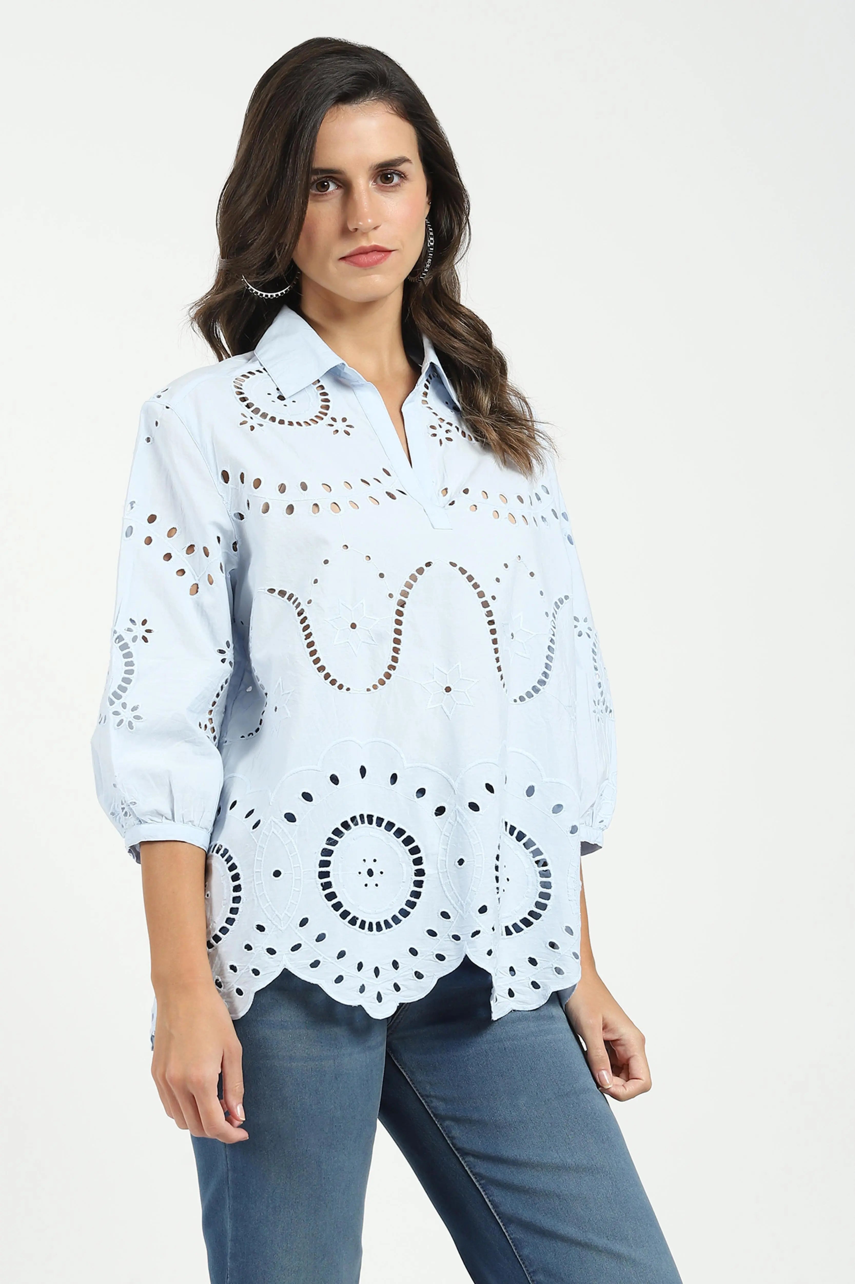 Blue Embroidered  Schiffli Top - Global Republic