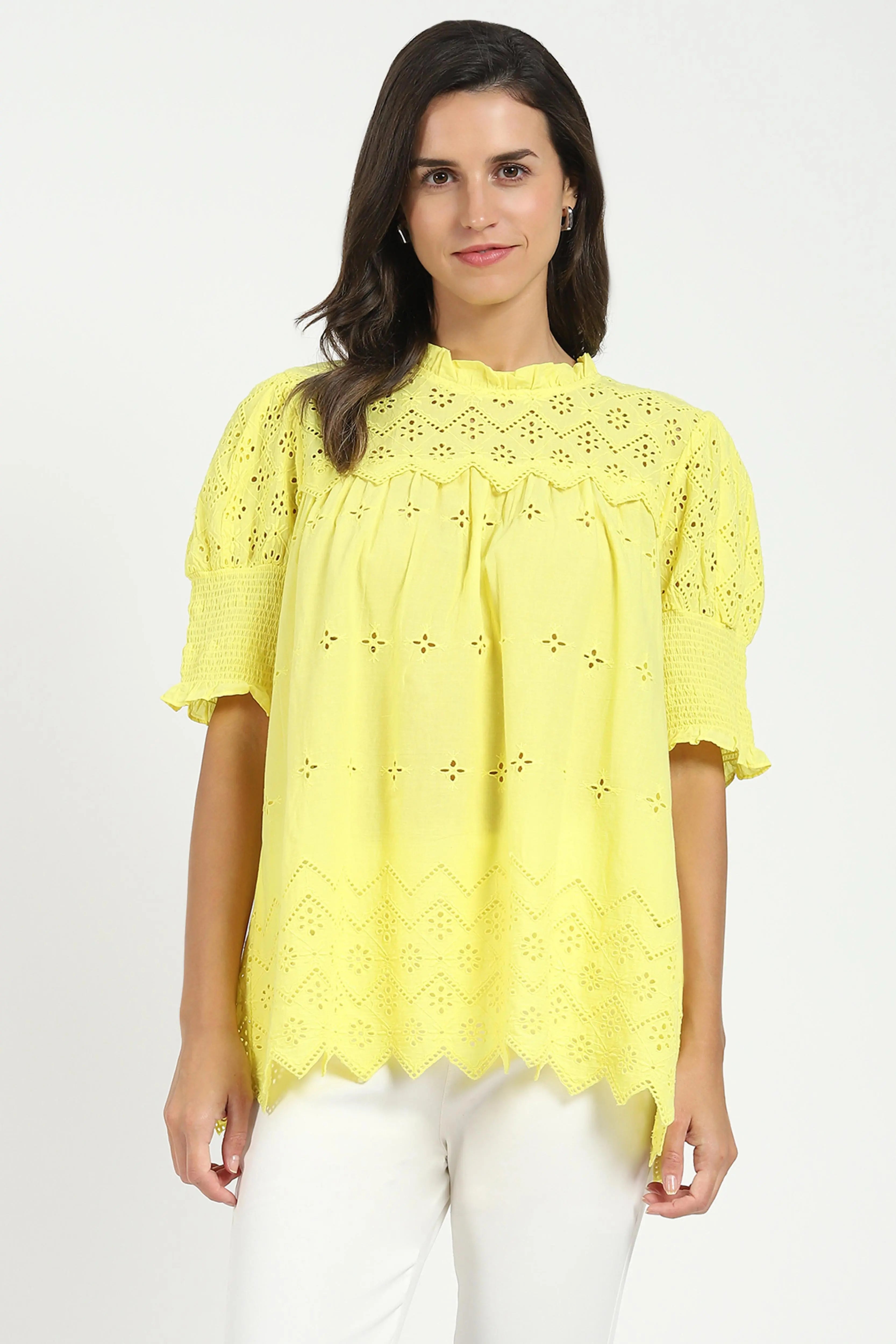 Yellow Embroidered  Schiffli Top - Global Republic