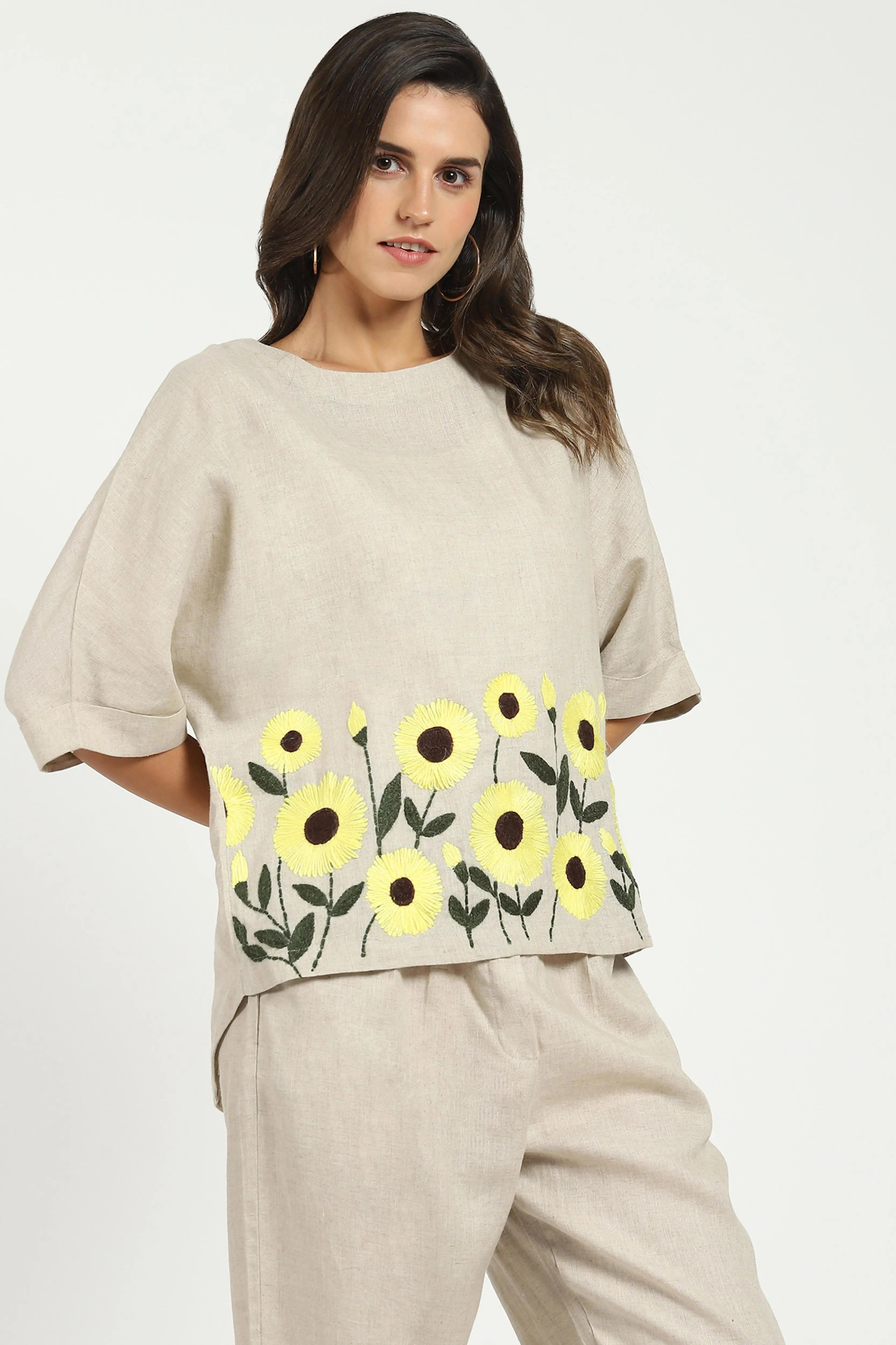 Floral Embroidered Linen Loose Top - Global Republic
