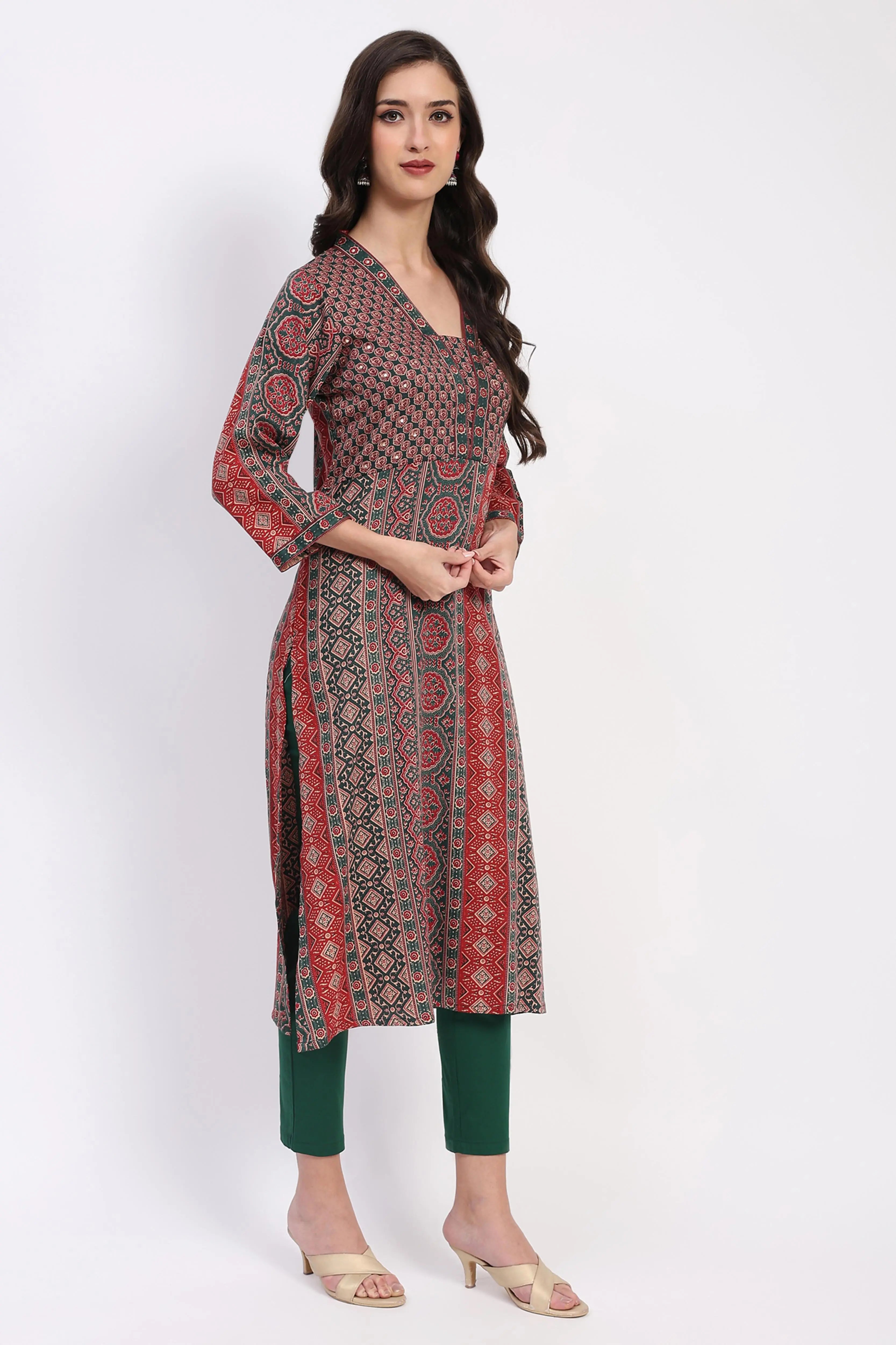Ethnic Print Embellished Cotton A-Line Kurta - Global Republic