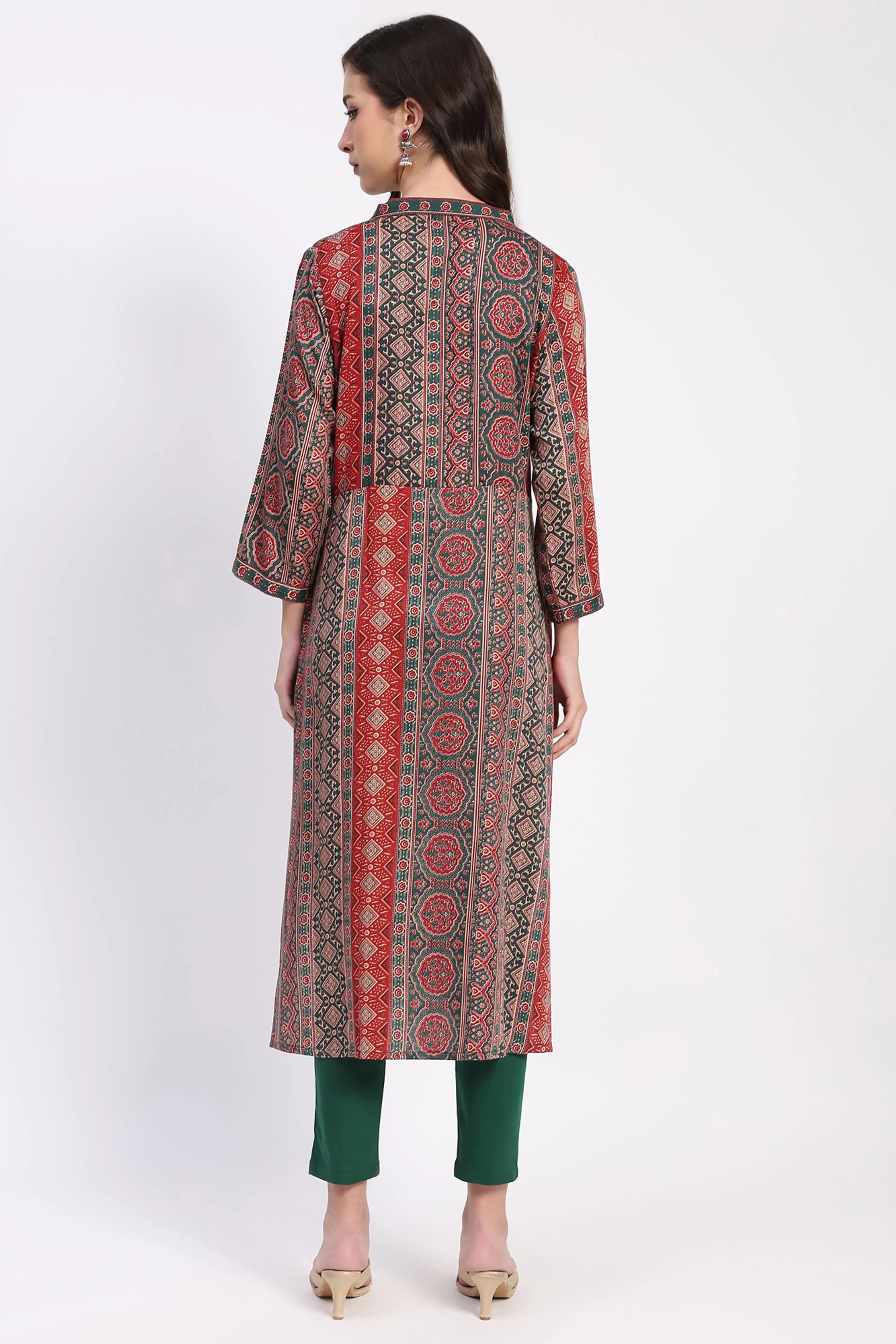 Ethnic Print Embellished Cotton A-Line Kurta - Global Republic