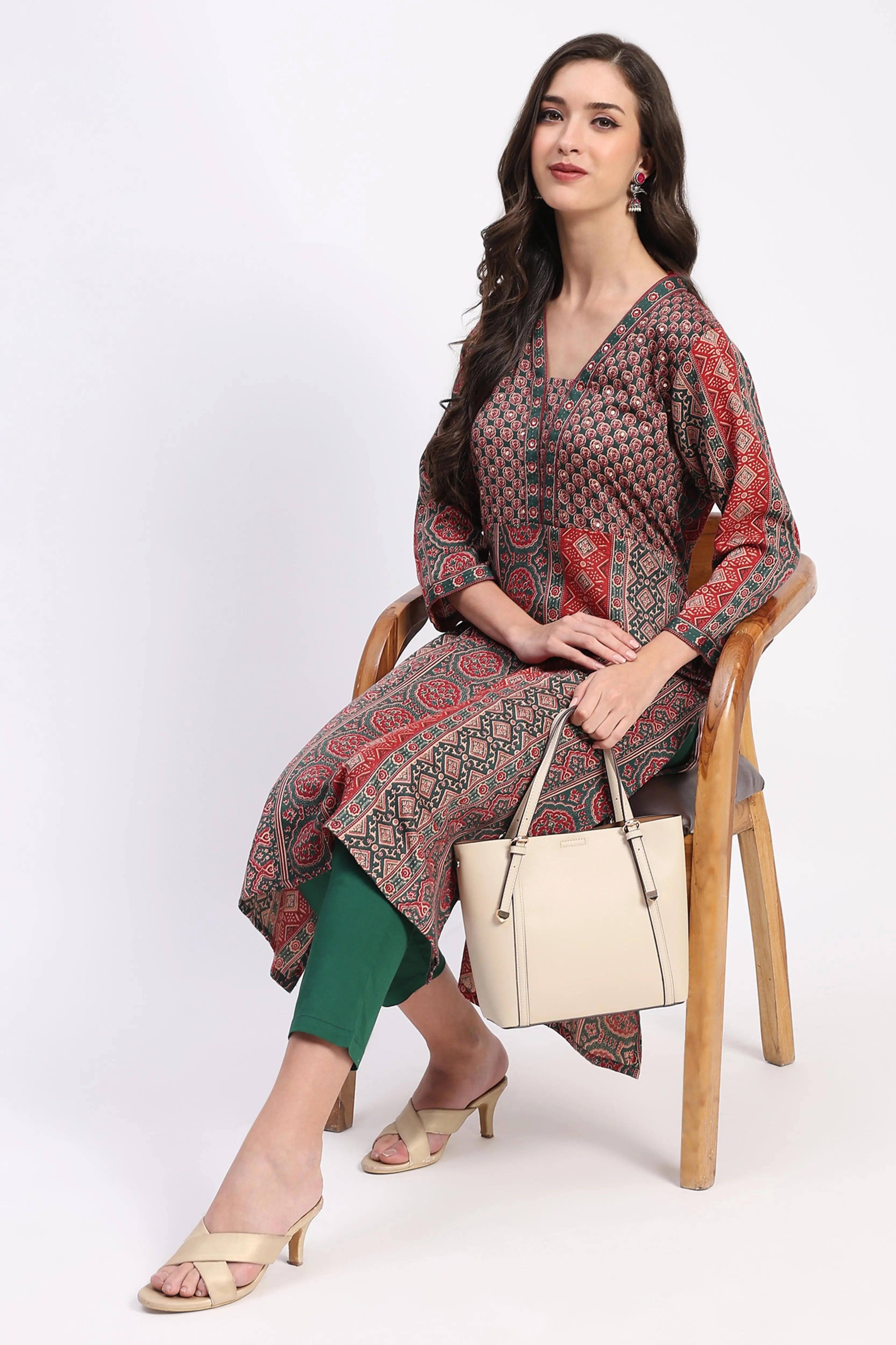Ethnic Print Embellished Cotton A-Line Kurta - Global Republic