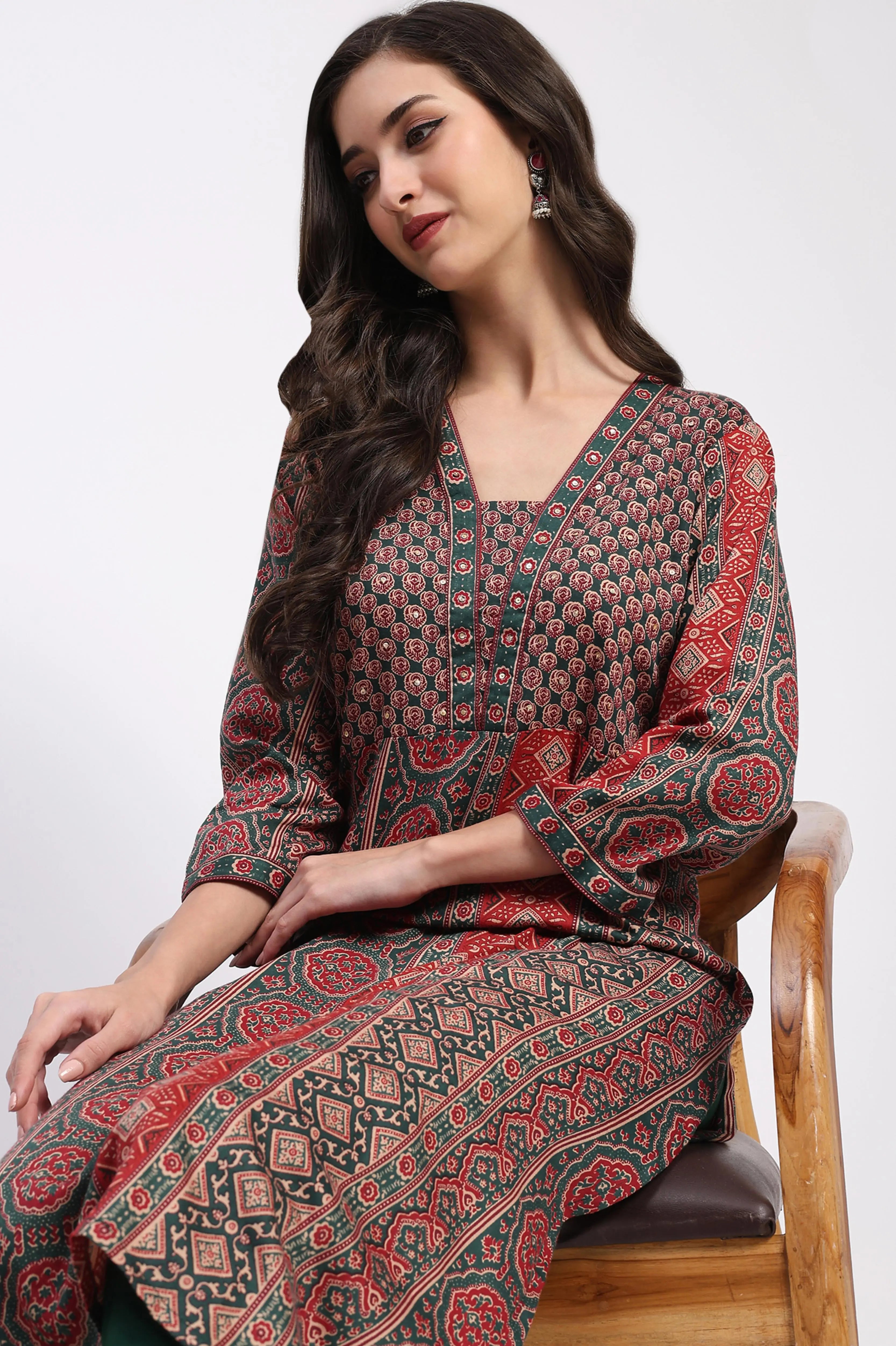 Ethnic Print Embellished Cotton A-Line Kurta - Global Republic
