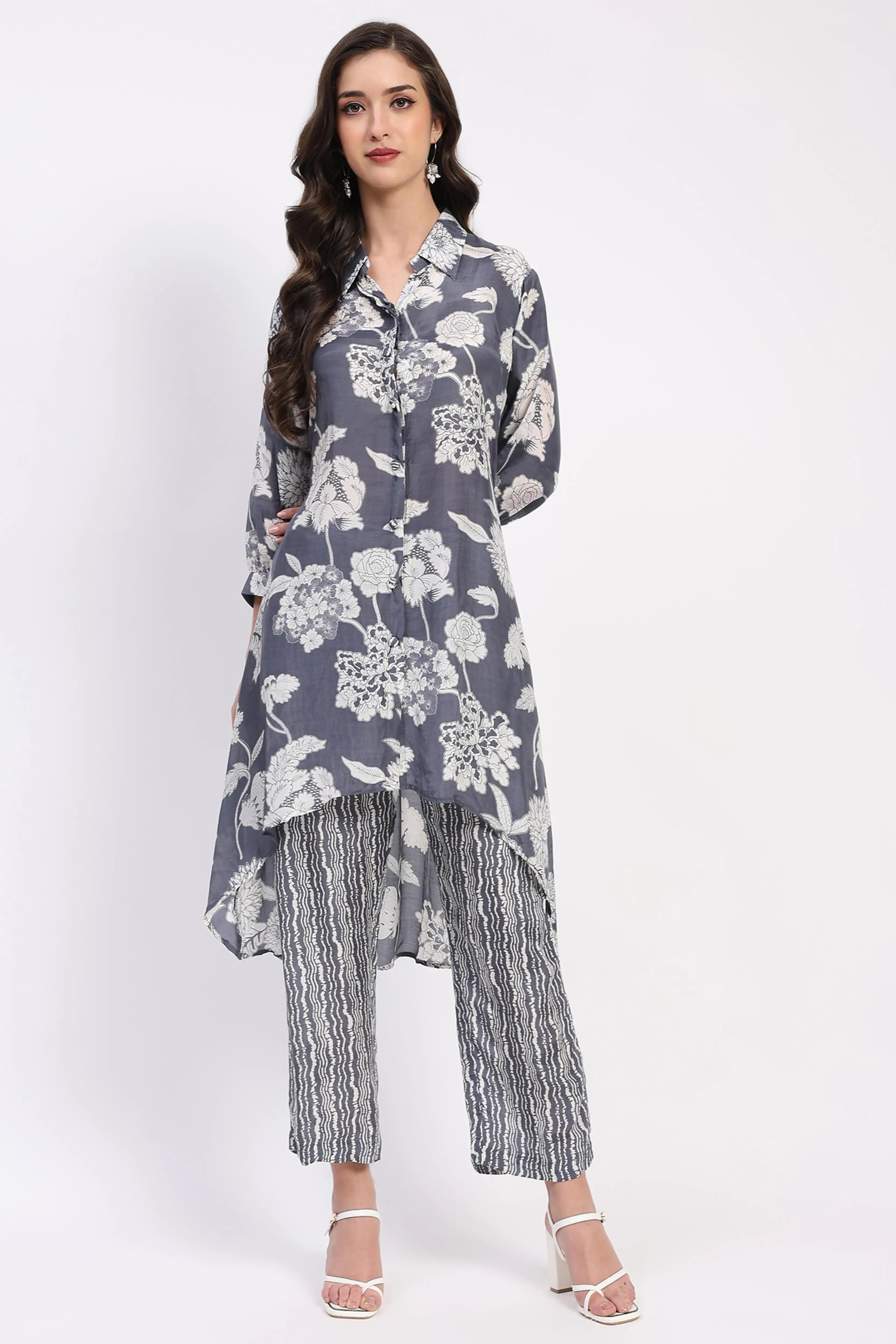Grey Floral Crepe Kurta Set - Global Republic