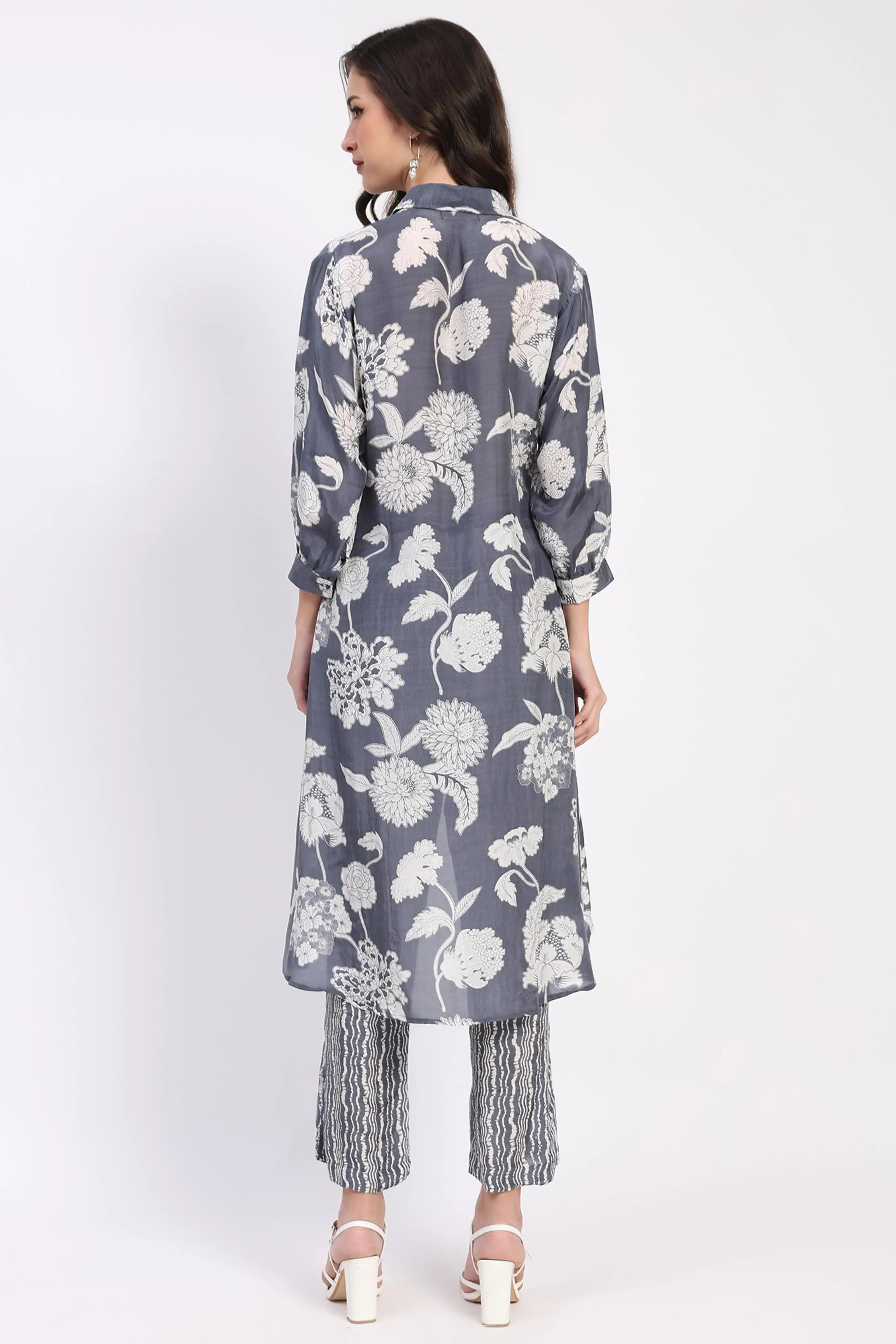 Grey Floral Crepe Kurta Set - Global Republic