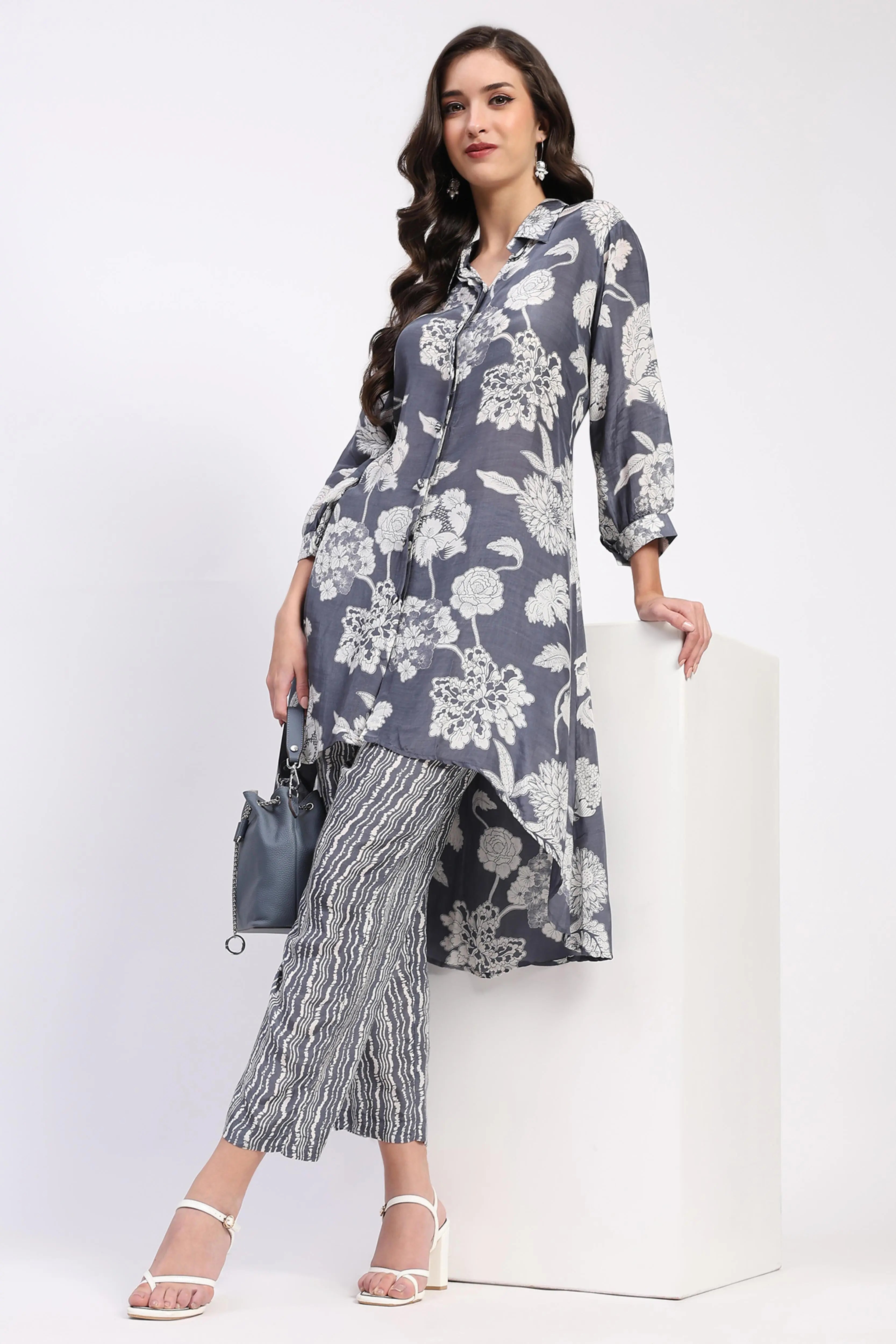 Grey Floral Crepe Kurta Set - Global Republic