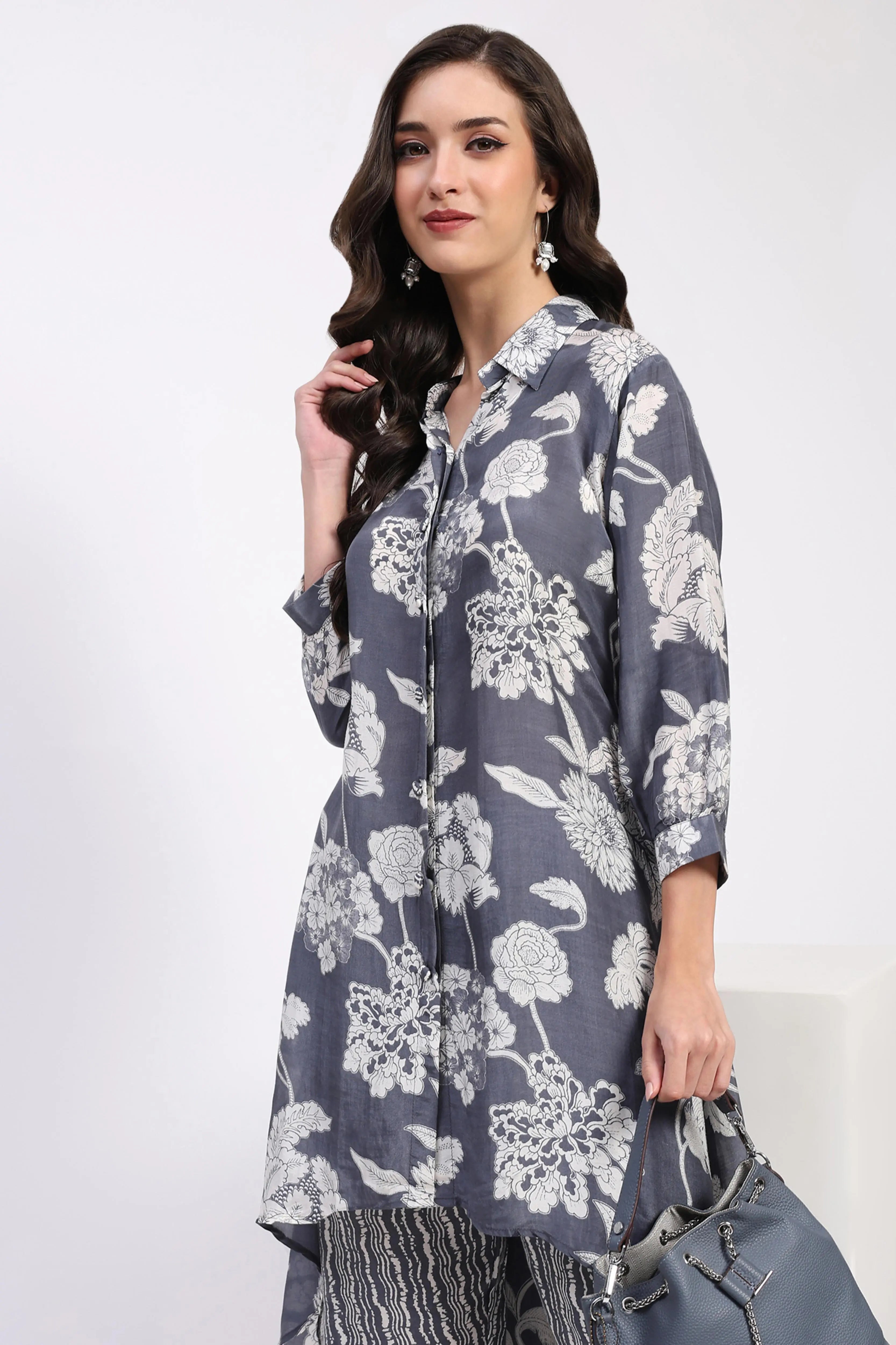 Grey Floral Crepe Kurta Set - Global Republic