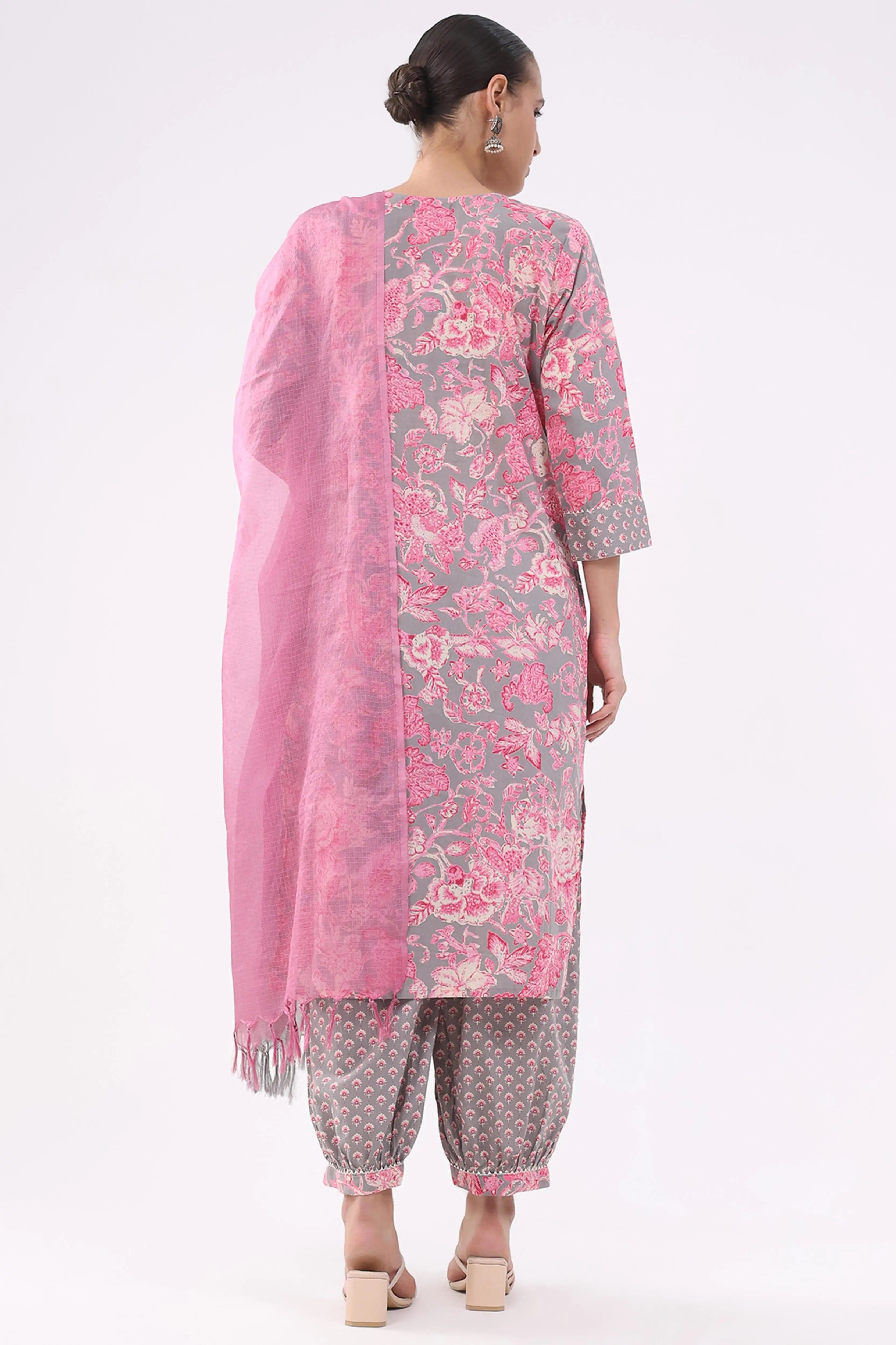 Pink & Grey Floral Cotton Suit Set - Global Republic